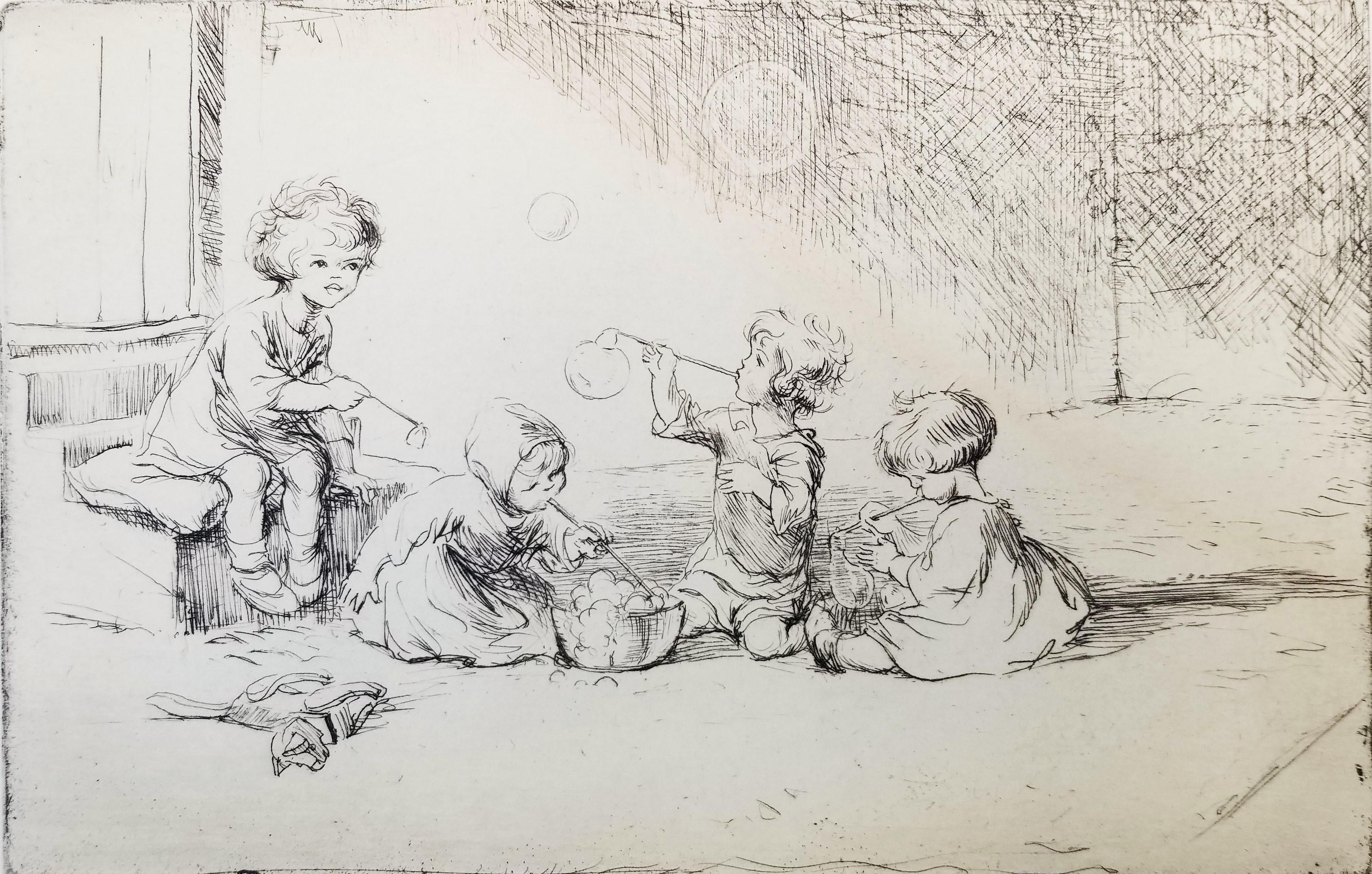 Eileen Soper Figurative Print - Blowing Bubbles /// Antique Female Children Etching Cute Figurative British Art