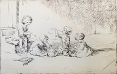 Blowing Bubbles /// Antike weibliche Kinder im Radierungsschliff Figurative britische Kunst