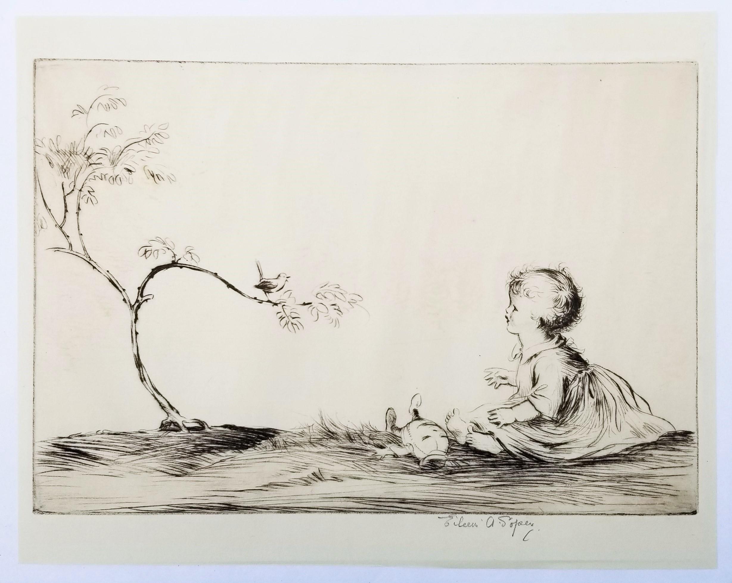 Spring Song /// Antique Female Artist Children Child Etching British Art - Print by Eileen Soper