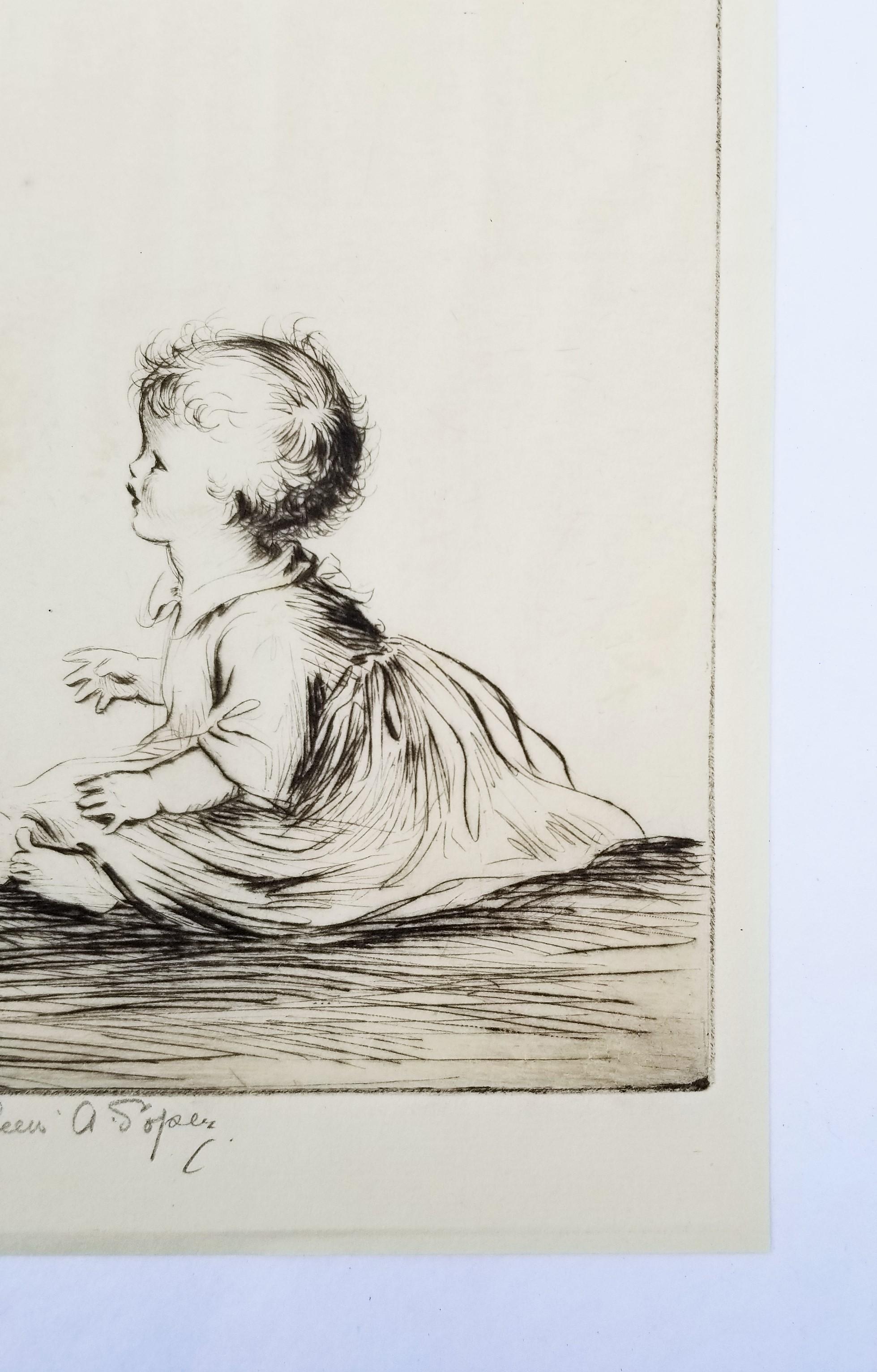 Spring Song /// Antique Female Artist Children Child Etching British Art - Modern Print by Eileen Soper