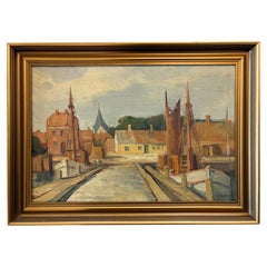 Eiler Løndal – Scène portuaire danoise, huile sur toile, tableau encadré
