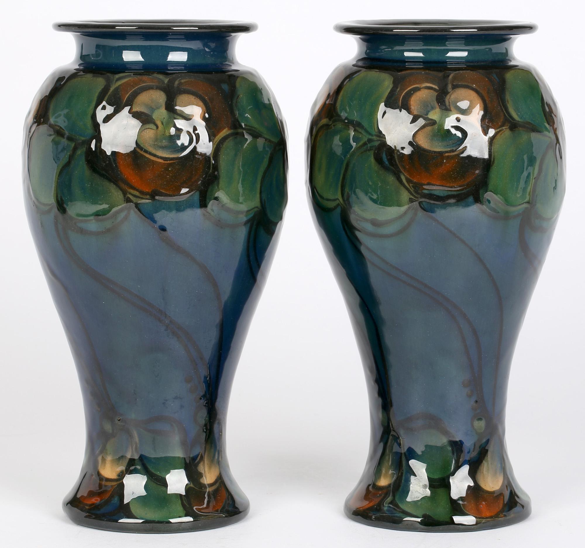 Hand-Painted Eiler Londal Pair Danico Skronvirke Art Pottery Floral Vases For Sale