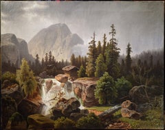 Alpine landscape Mountain waterfall 19th century Big oil painting Signed