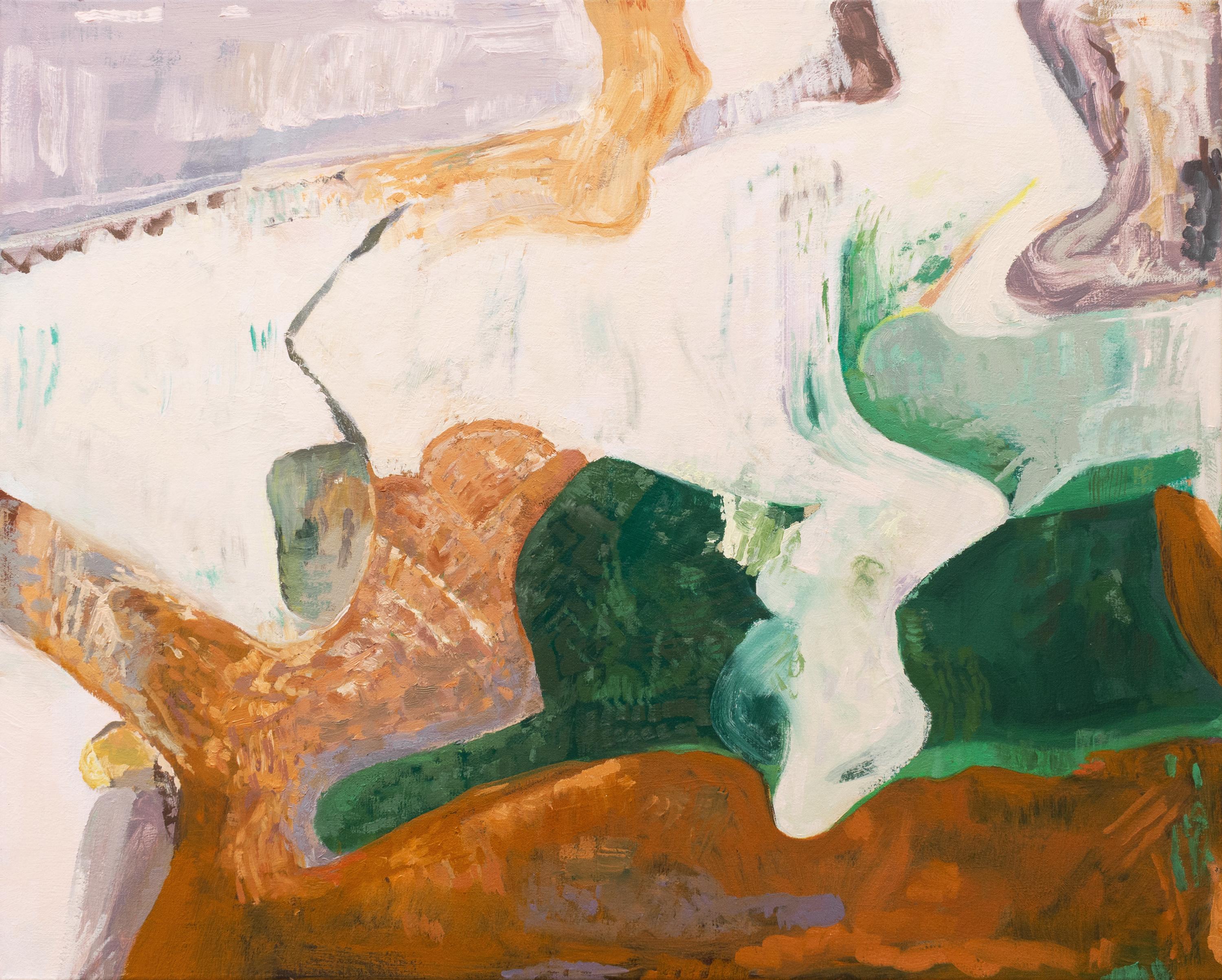 Eilis Crean Abstract Painting – "Hares' Counsel" - abstrakte Landschaft, grün, orange, vibrierende Farbe