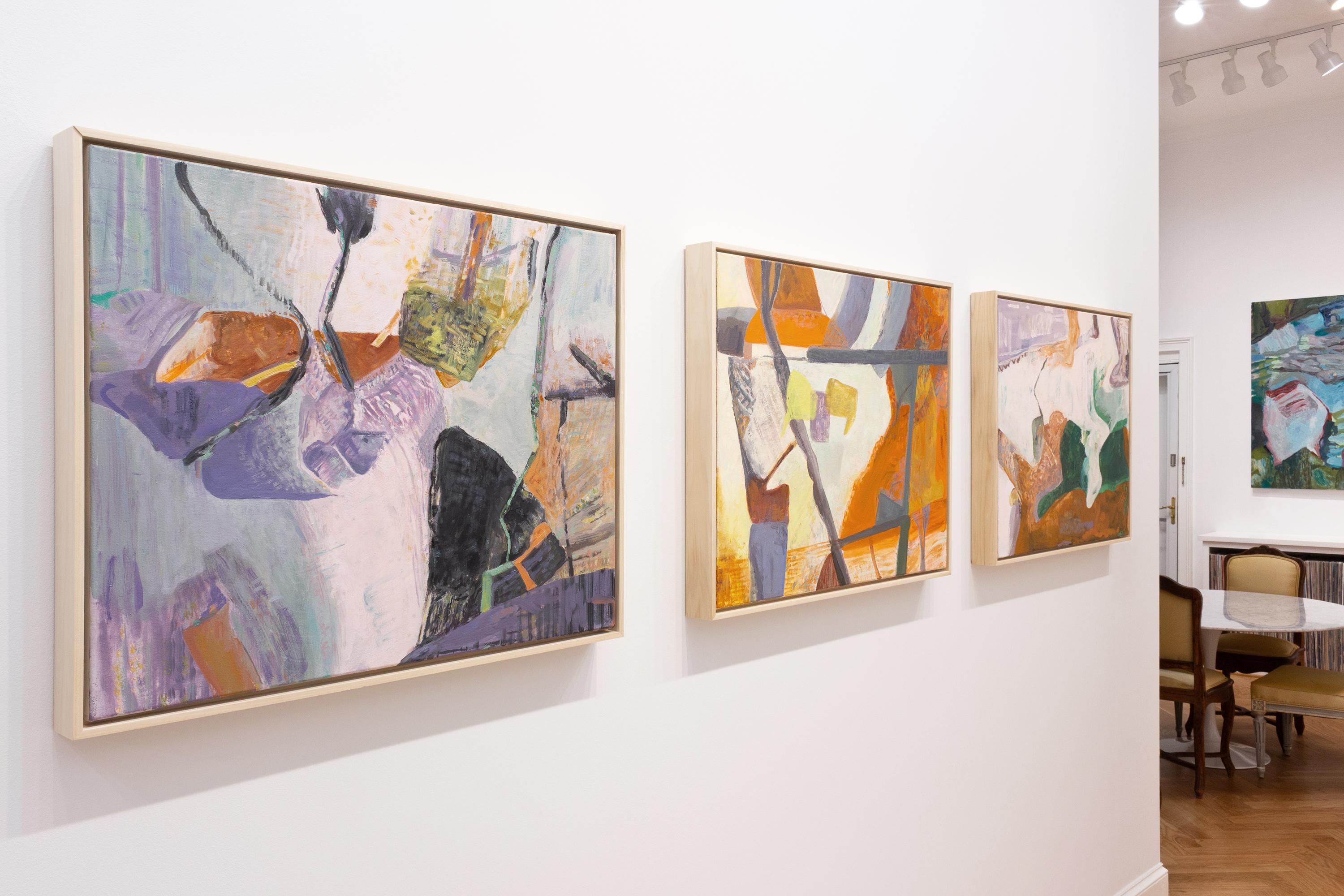 This painting is an imagined abstract landscape featuring orange, purple (lavender, lilac), yellow and white. This painting has a natural wood floater frame measuring 25.25 by 31.25 inches.

Eilis Crean is inspired by the works of Honoré-Victorin