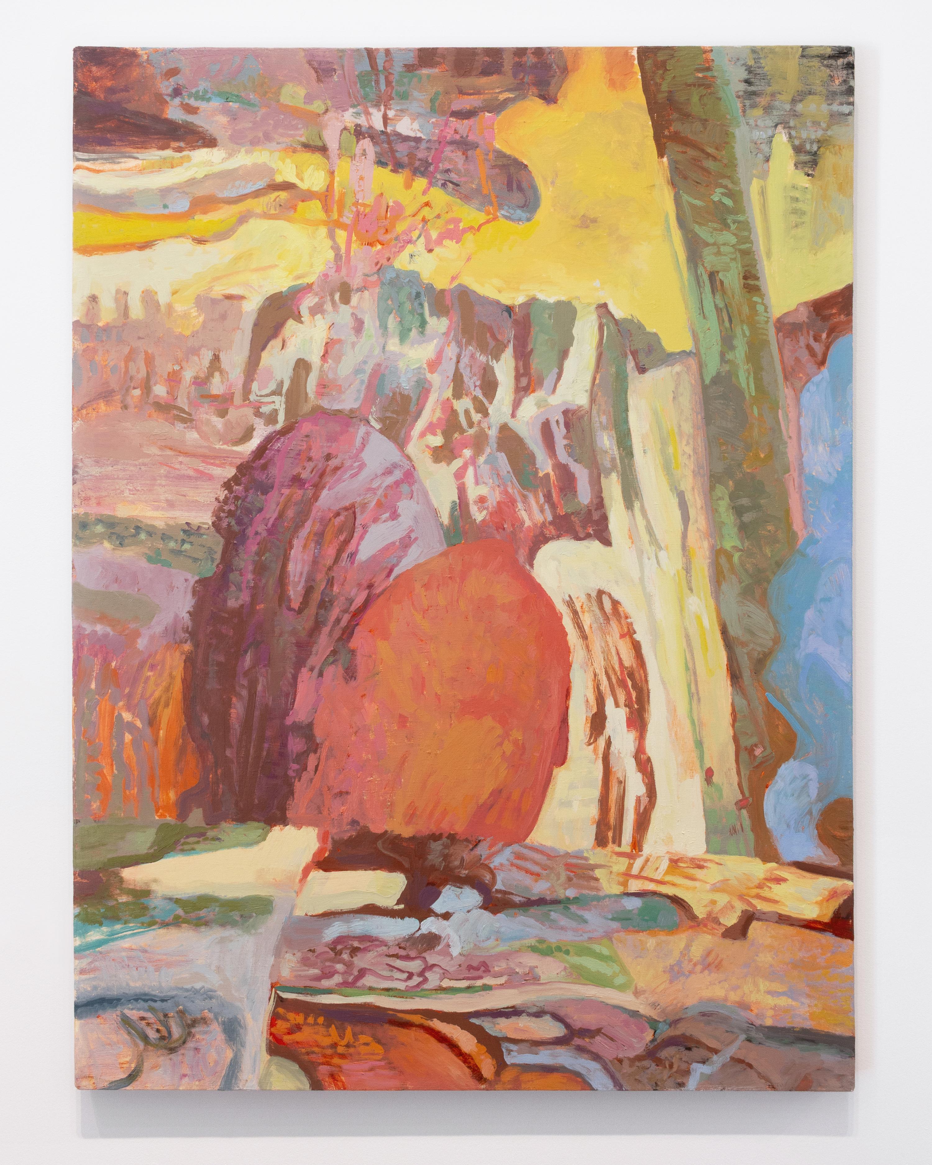 This painting is an imagined abstract landscape featuring orange, purple, red (maroon), green and blue.

Eilis Crean is inspired by the works of Honoré-Victorin Daumier, Evie Hone, Patrick Pye, Milton Avery, William Kentridge, Joan Snyder, Jennifer