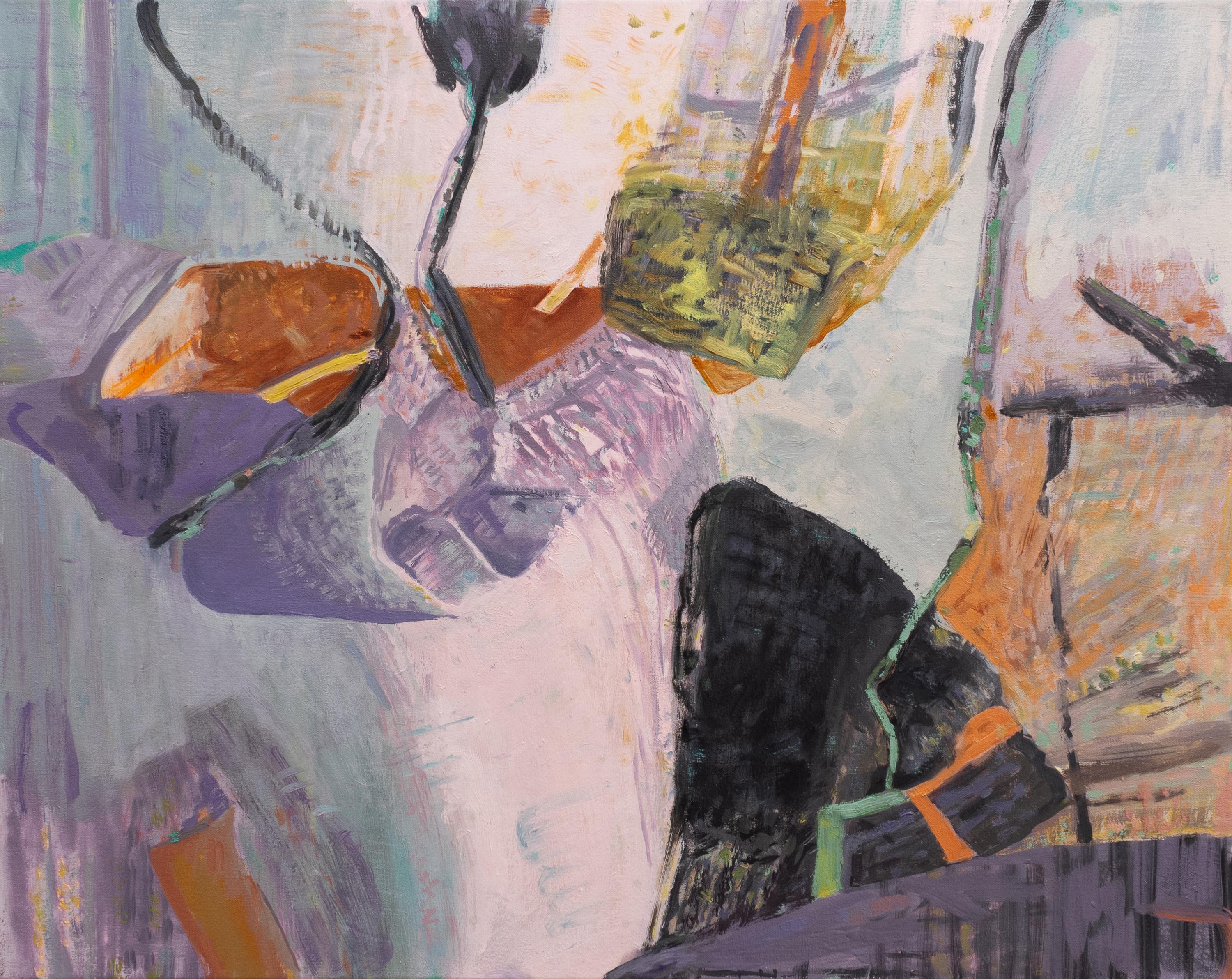 Eilis Crean Abstract Painting – "Pendel" - abstrakte Landschaft, ausdrucksstark, lila, Linien