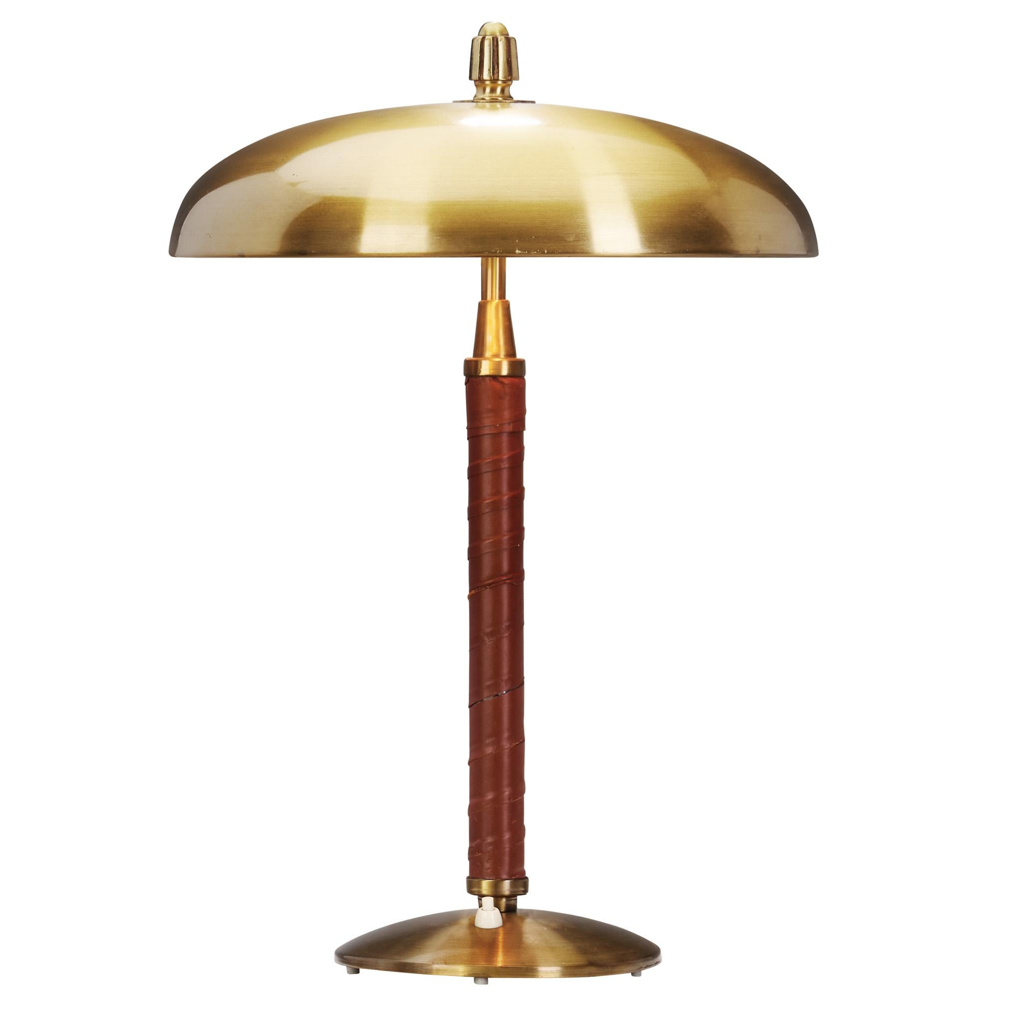 Einar Bäckström "5013" Brass Table Lamp with Leather-wrapped Stem, Sweden 1940s