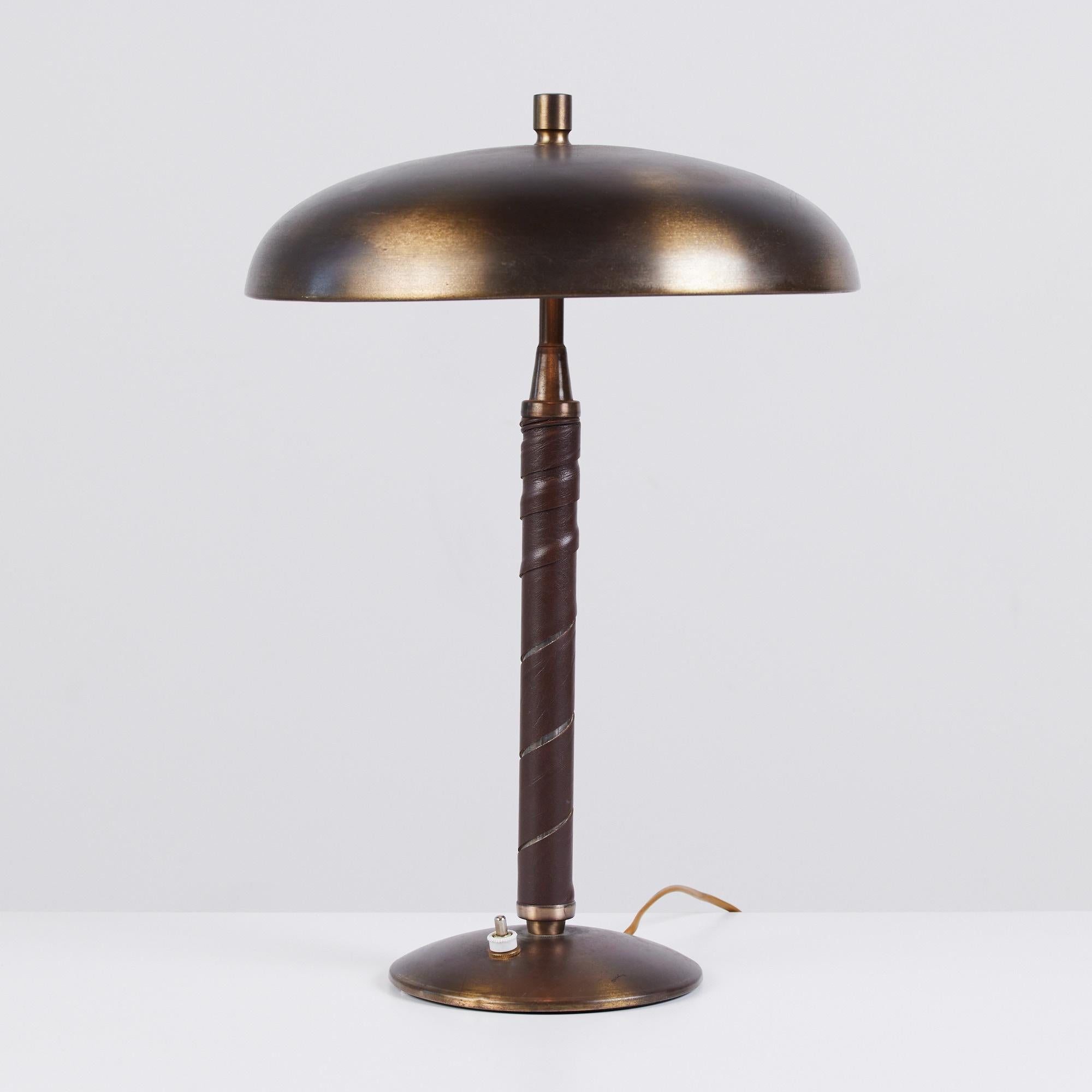 Swedish Einar Bäckström Brass and Leather Table Lamp