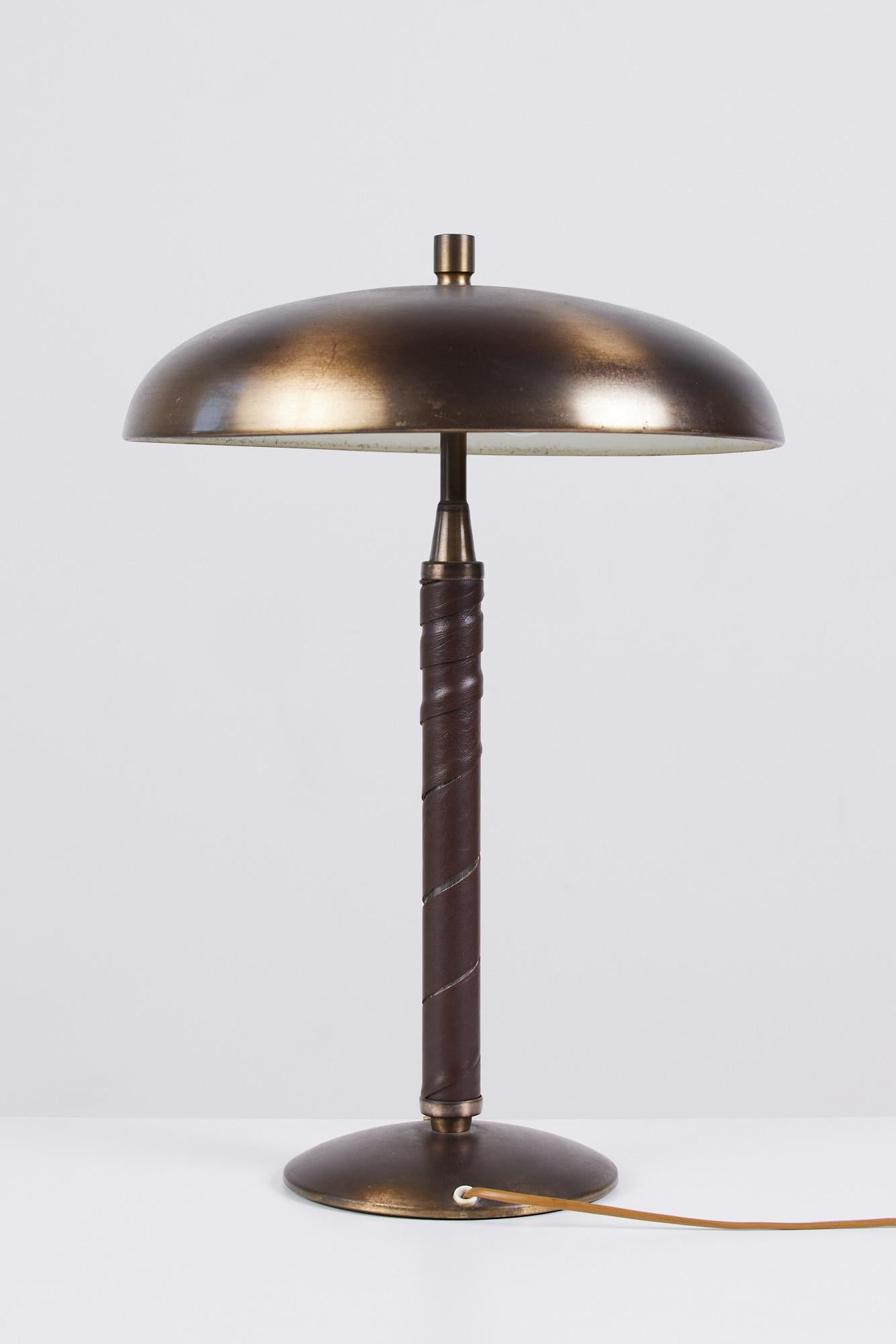 Mid-20th Century Einar Bäckström Brass and Leather Table Lamp