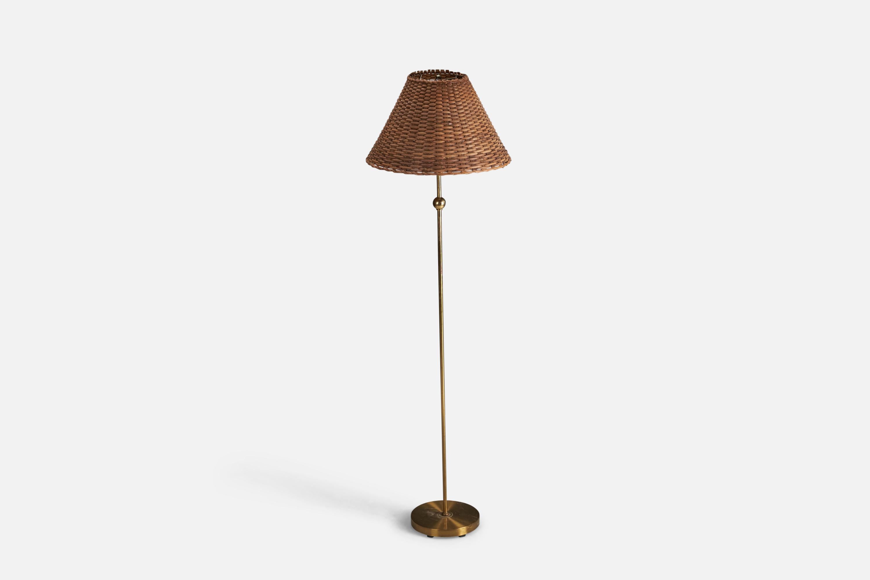 Swedish Einar Bäckström, Floor Lamp, Brass, Rattan, Sweden, 1950s For Sale