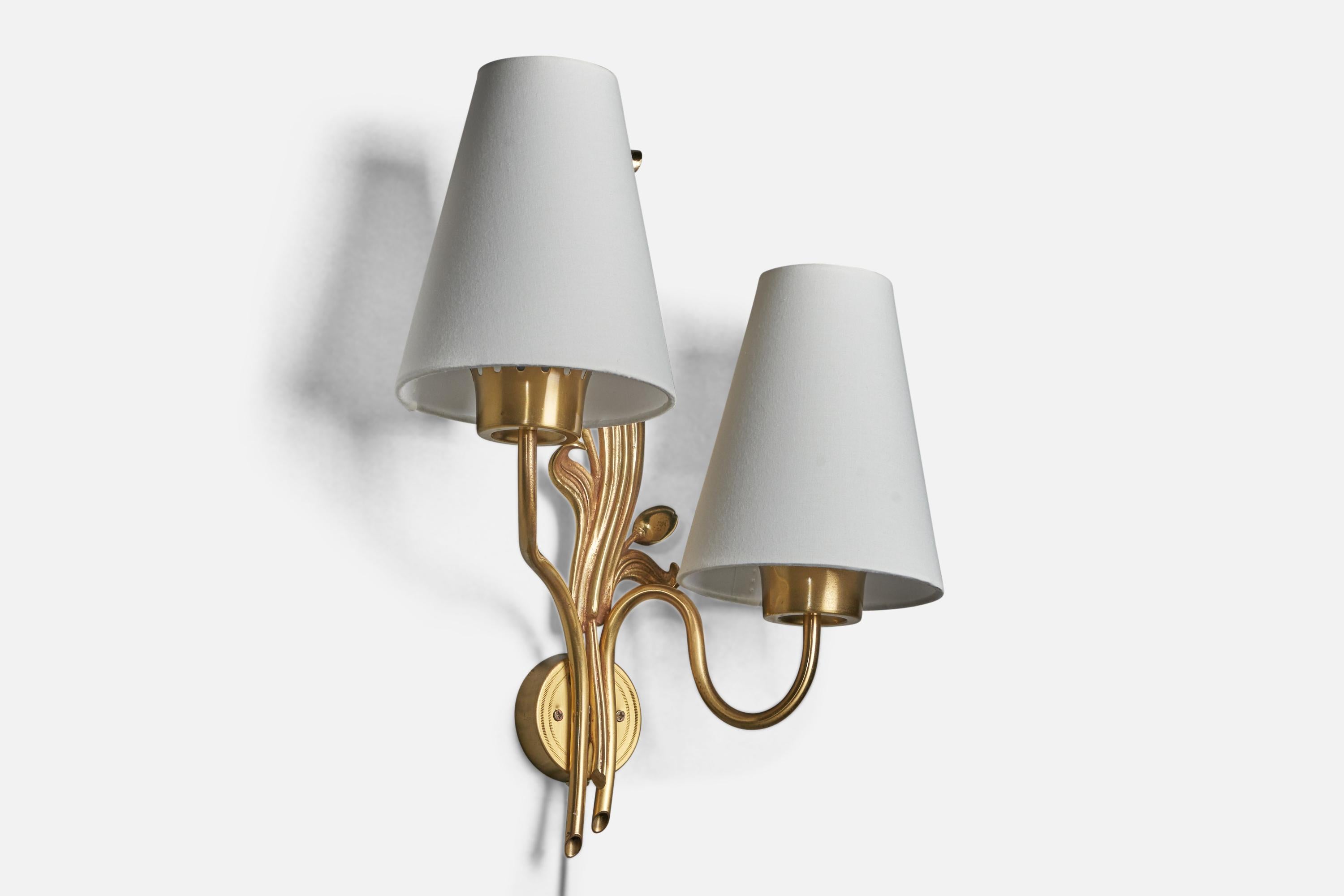 Swedish Einar Bäckström, Organic Wall Light, Brass, Fabric, Sweden, 1940s For Sale