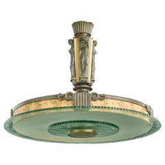 Einar Bäckström, Pendelleuchte, Bronze, Messing, Glas, Papier, Schweden, 1930er Jahre