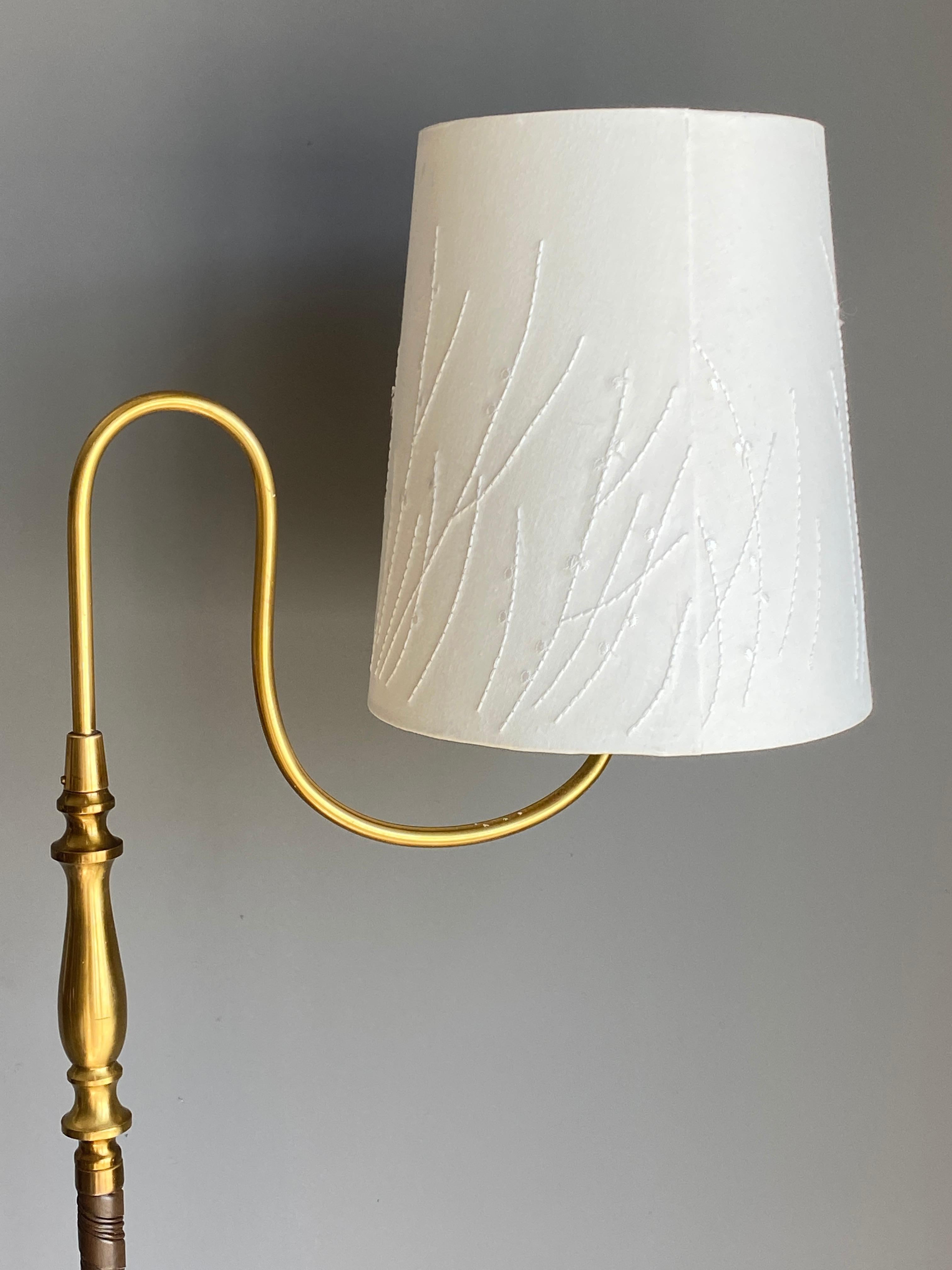 Scandinavian Modern Einar Bäckström, Rare Floor Lamp, Brass, Leather, Fabric, Sweden, 1950s