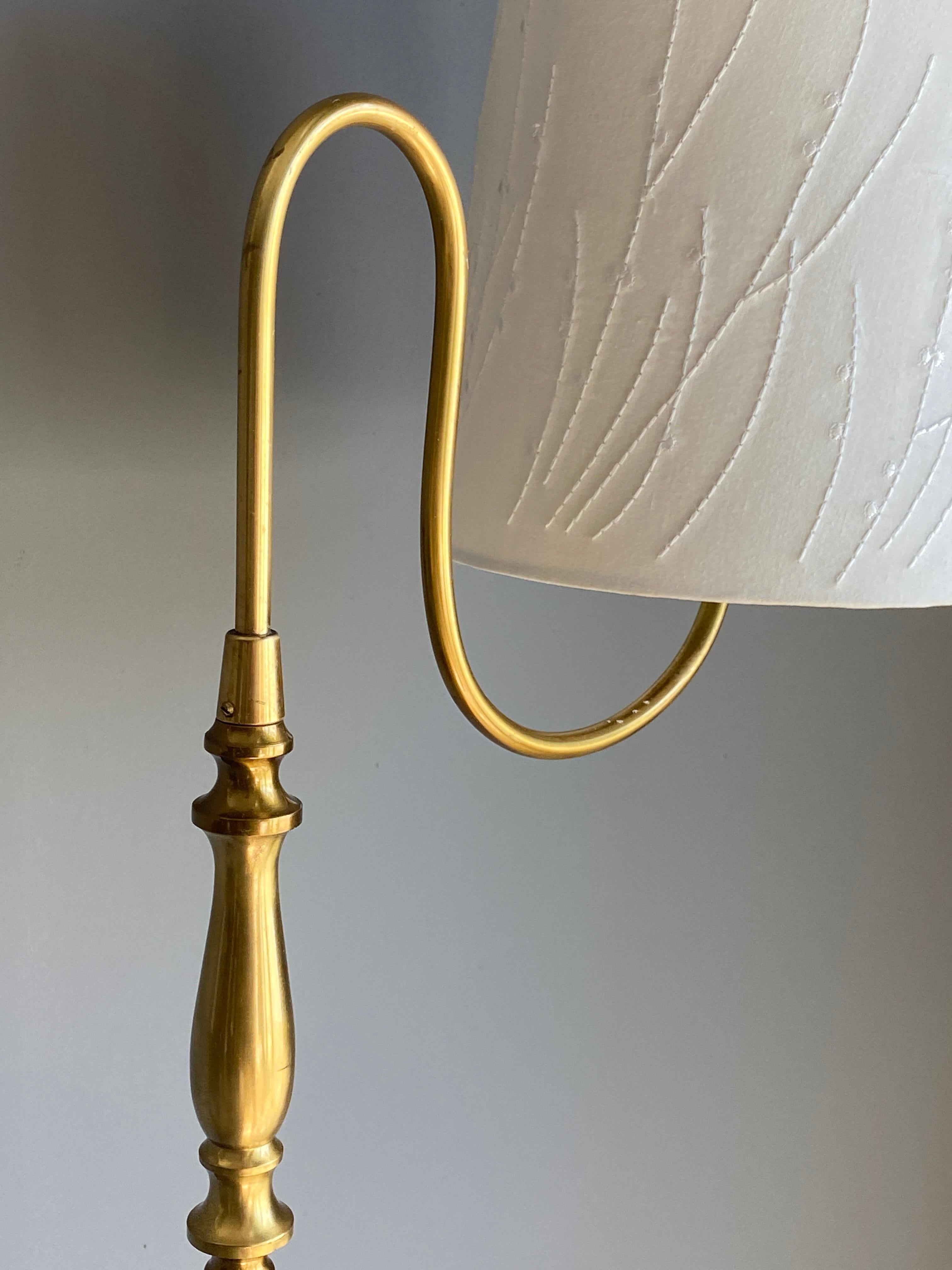 Swedish Einar Bäckström, Rare Floor Lamp, Brass, Leather, Fabric, Sweden, 1950s