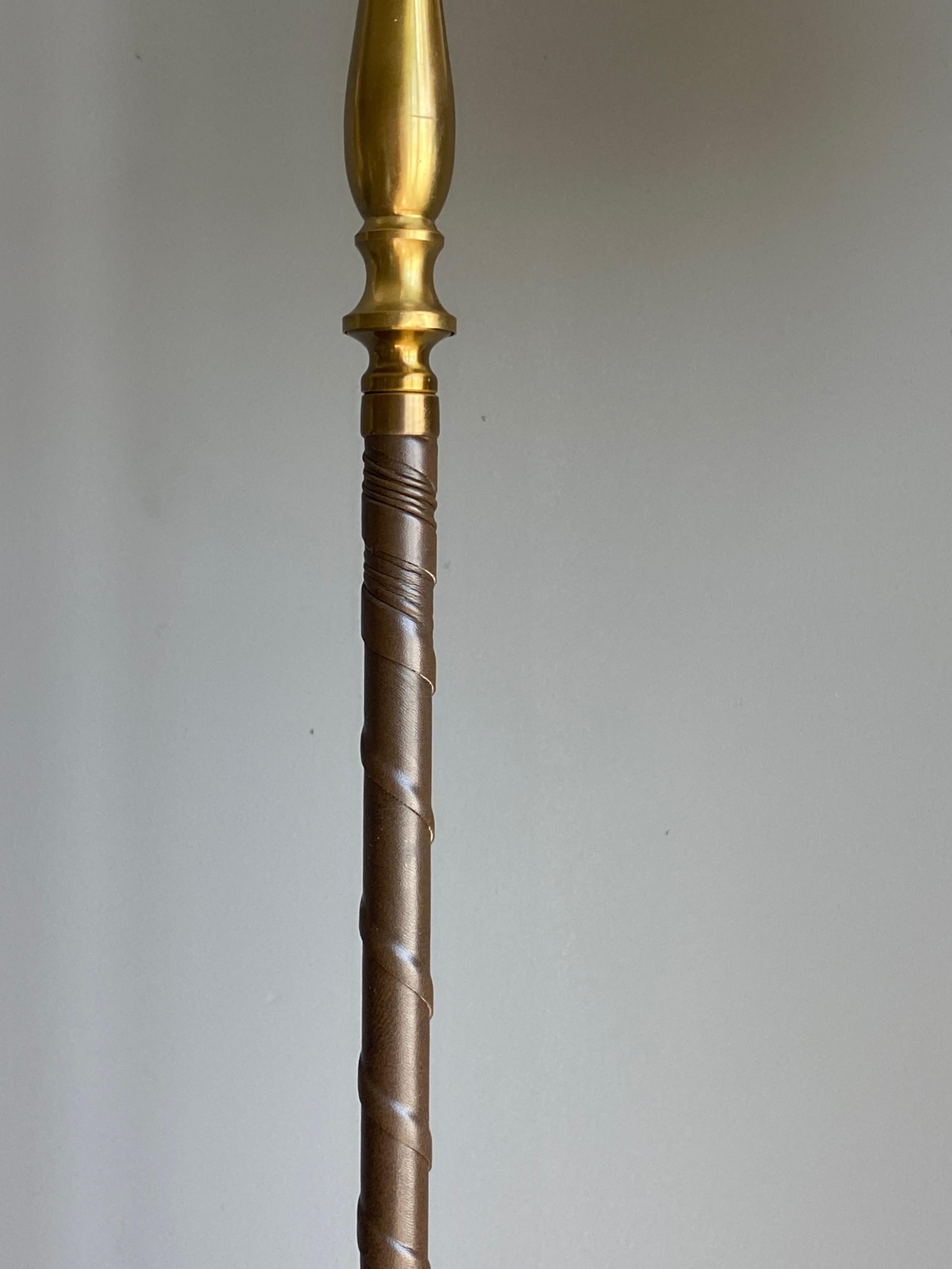 Einar Bäckström, Rare Floor Lamp, Brass, Leather, Fabric, Sweden, 1950s In Good Condition In High Point, NC