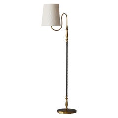 Einar Bäckström, Rare Floor Lamp, Brass, Leather, Fabric, Sweden, 1950s