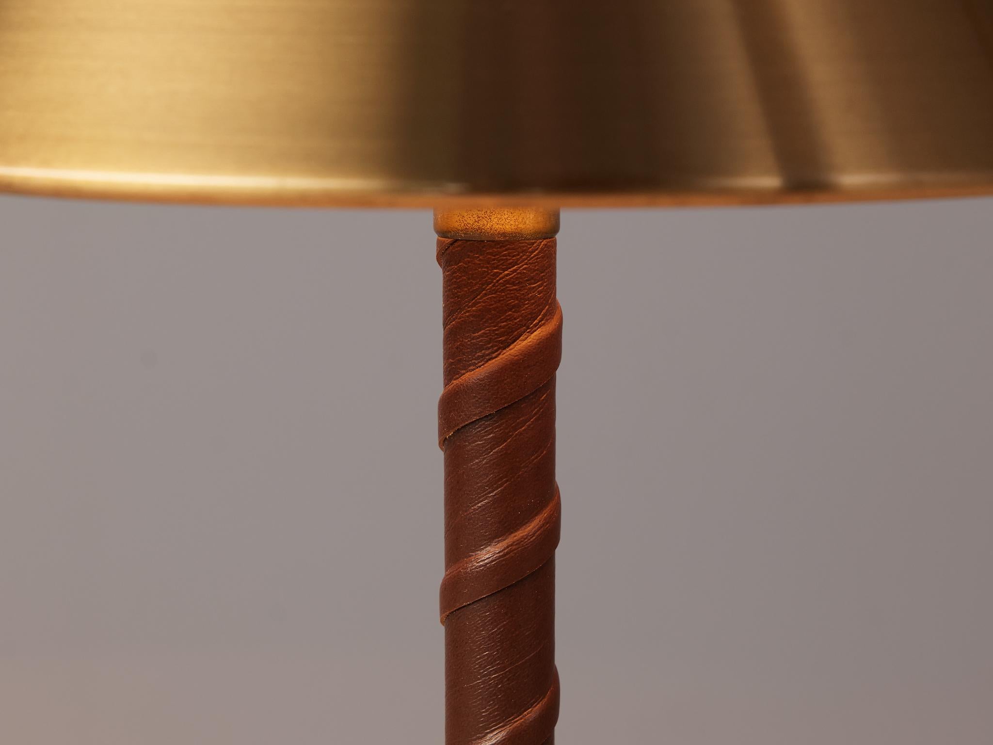 Scandinavian Modern Einar Bäckström Table Lamp in Brushed Brass and Cognac Leather