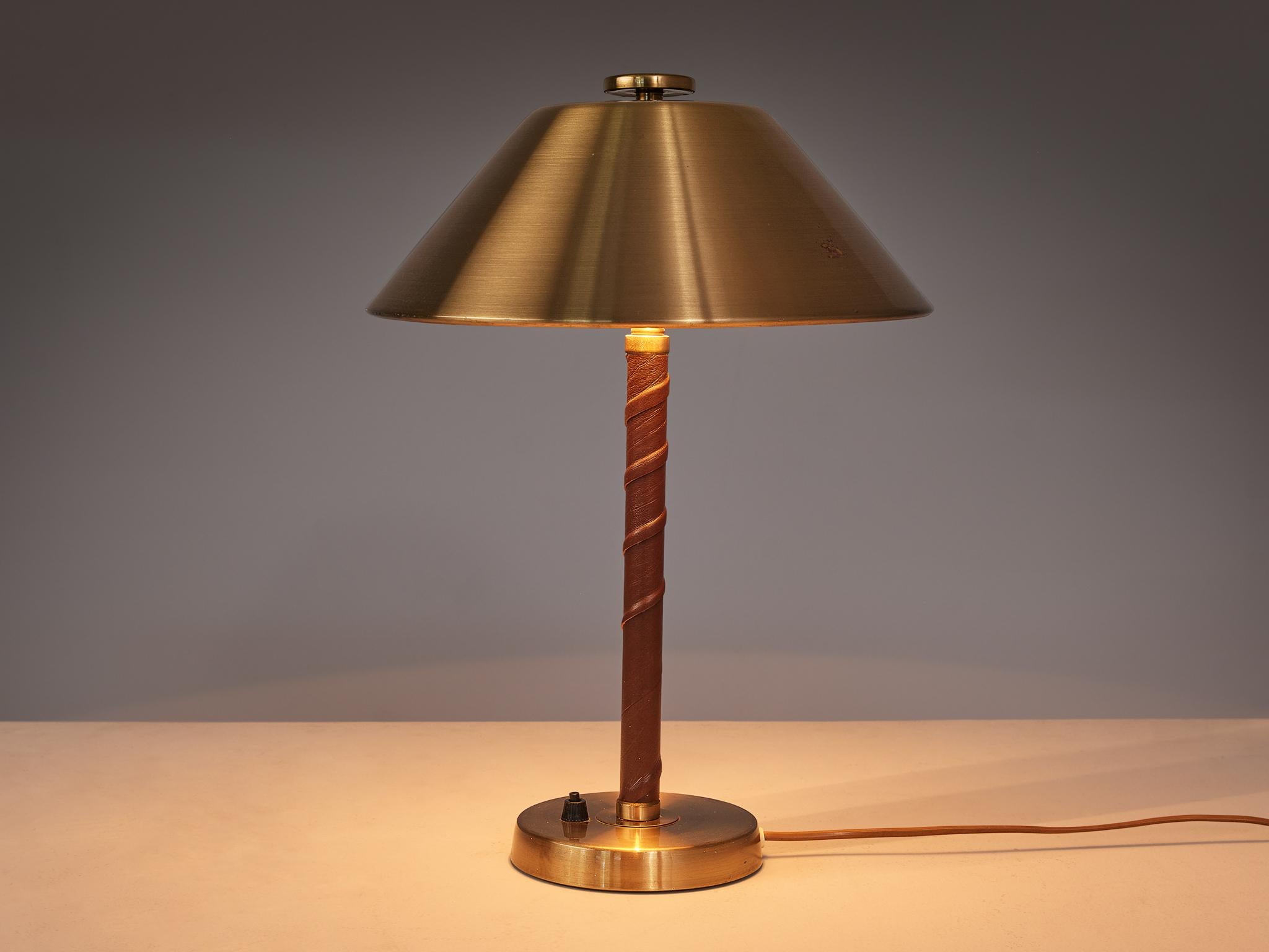Swedish Einar Bäckström Table Lamp in Brushed Brass and Cognac Leather