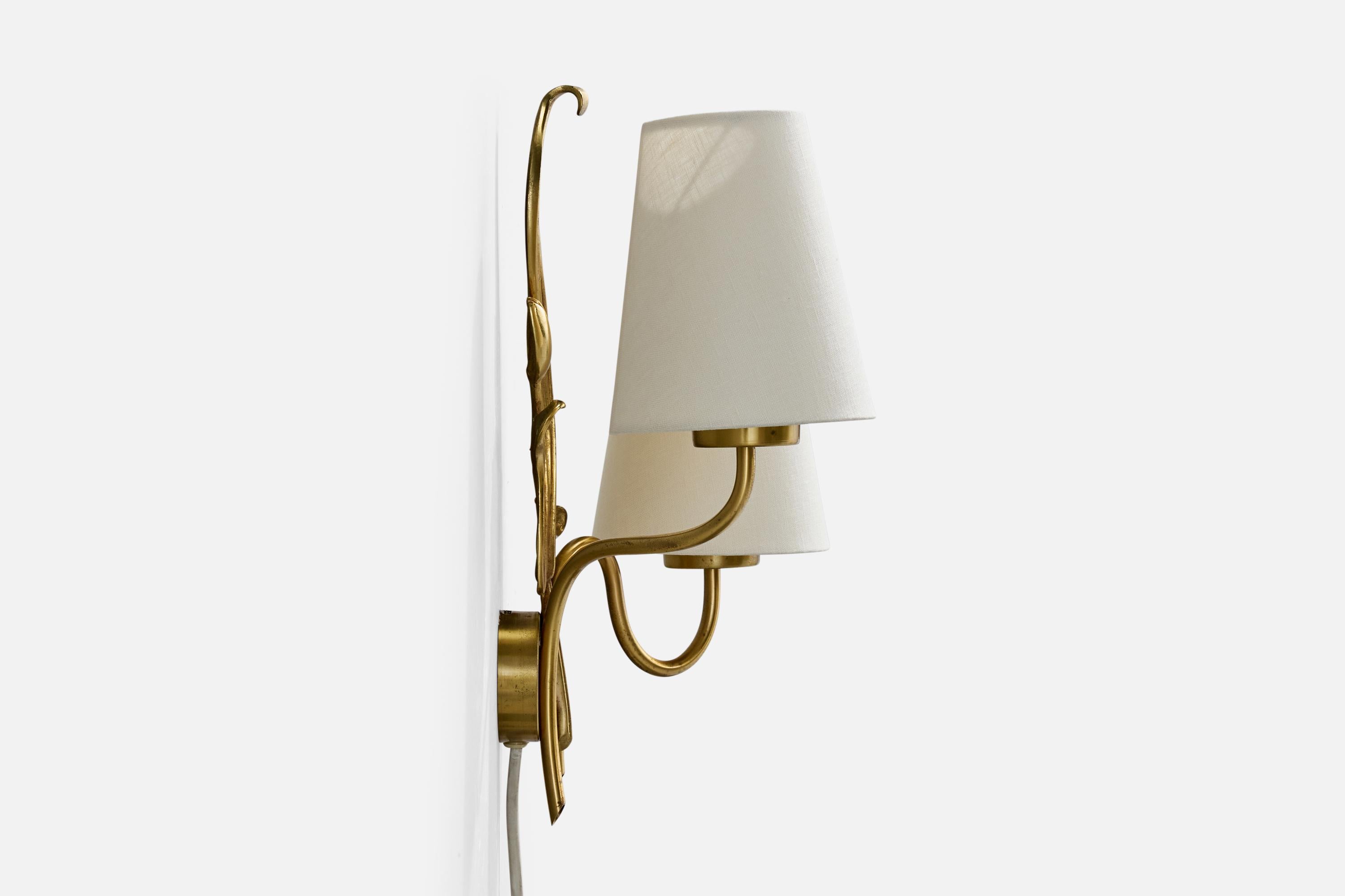 Swedish Einar Bäckström, Wall Light, Brass, Fabric, Sweden, 1940s For Sale