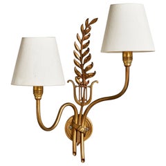 Einar Bäckström, Wall Light, Brass, Fabric, Sweden, 1940s