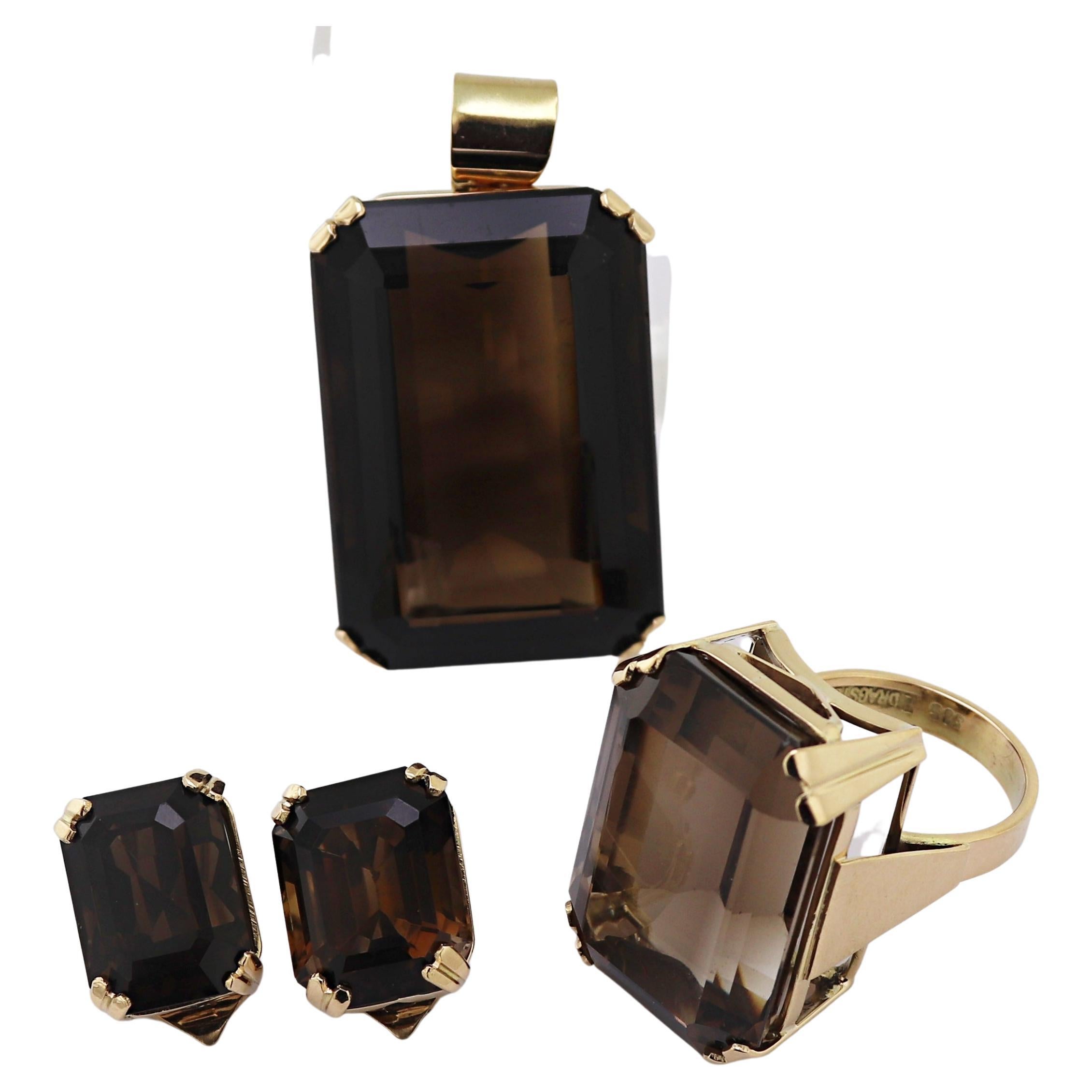 Einar Dragsted Smoky Quartz, Yellow Gold Pendant, Earrings and Ring Jewelry Suit For Sale