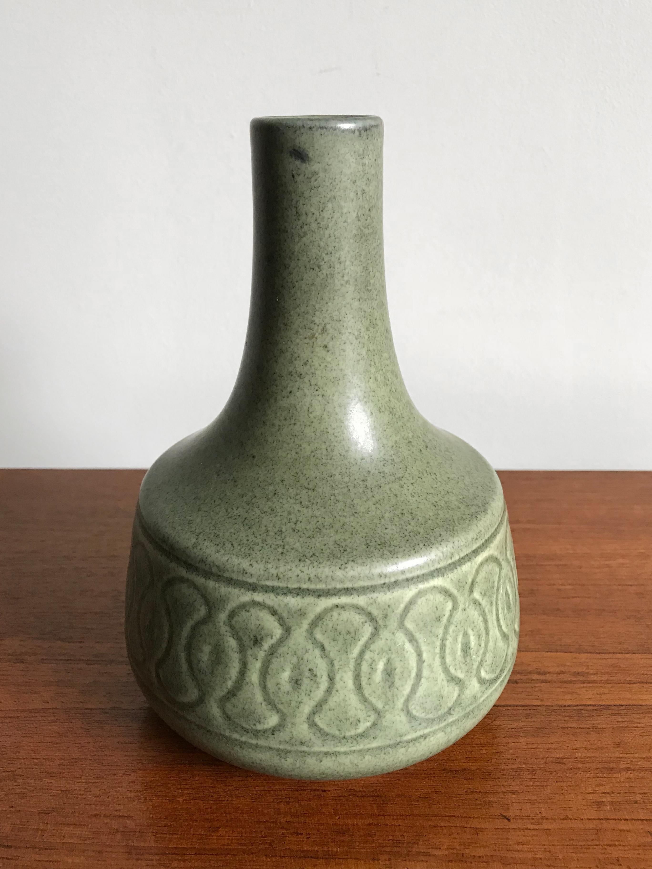 1960s Scandinavian stoneware vases designed by Einar Johansen for Søholm Studio, matt glaze and light green tones, made in Denmark, marked on the bottom.

Big vase: height 20 cm, diameter 13 cm
Small vase: height 13 cm, diameter 9 cm.
