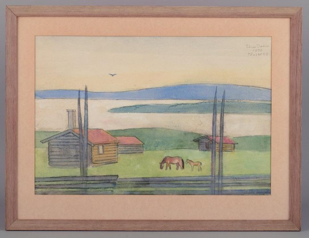 Einar Jolin (1890-1976), a well listed Swedish artist. 
Oil pastel on paper.
Swedish modernist landscape from 
