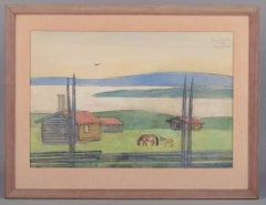 Einar Jolin, well listed Swedish artist. Oil pastel on paper. Swedish landscape.