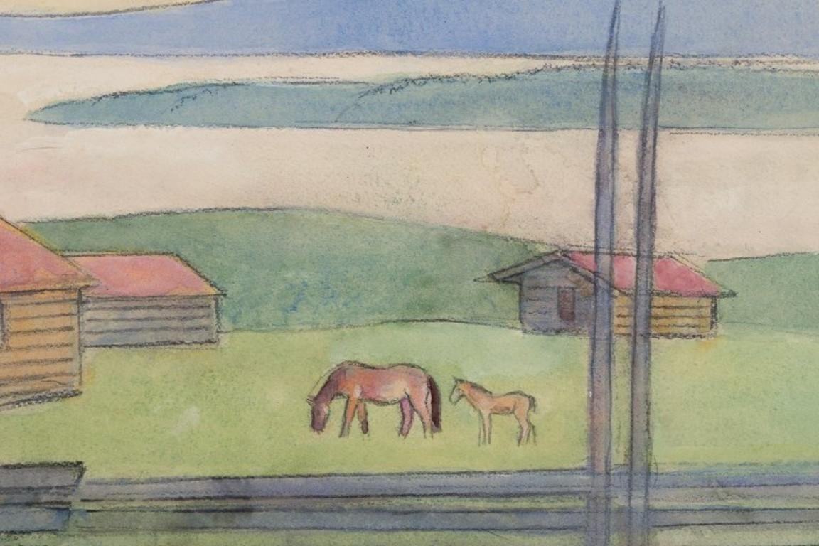 Suédois Einar Jolin, artiste suédois bien connu. Pastel à l'huile sur papier. Paysage suédois. en vente