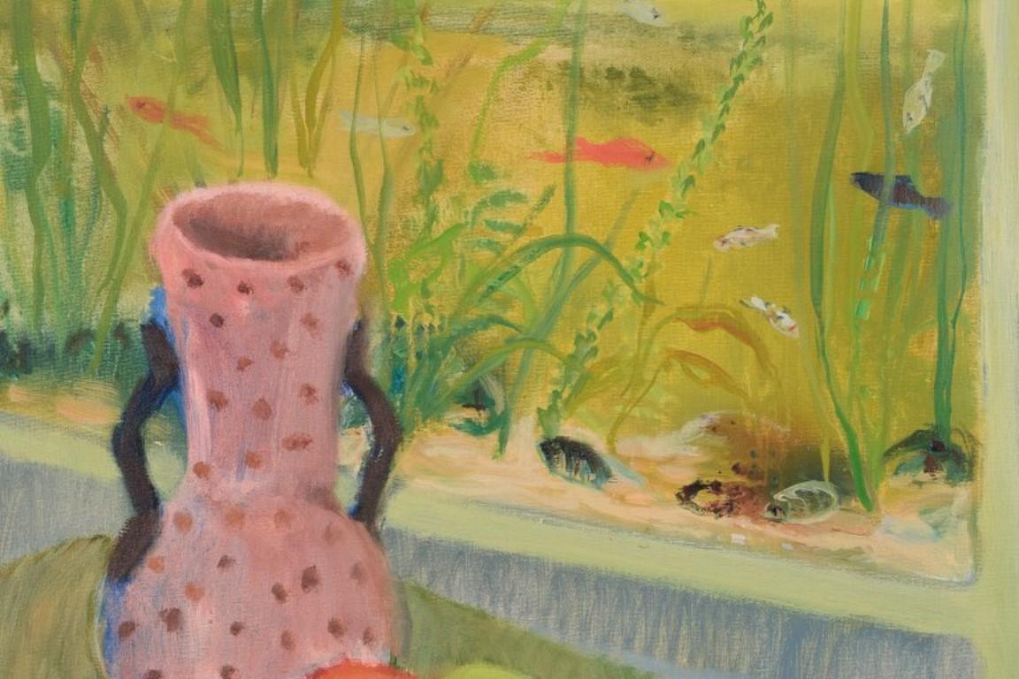 Modern Einar Lindberg, listed Swedish artist. Oil on canvas. Still life with aquarium. For Sale