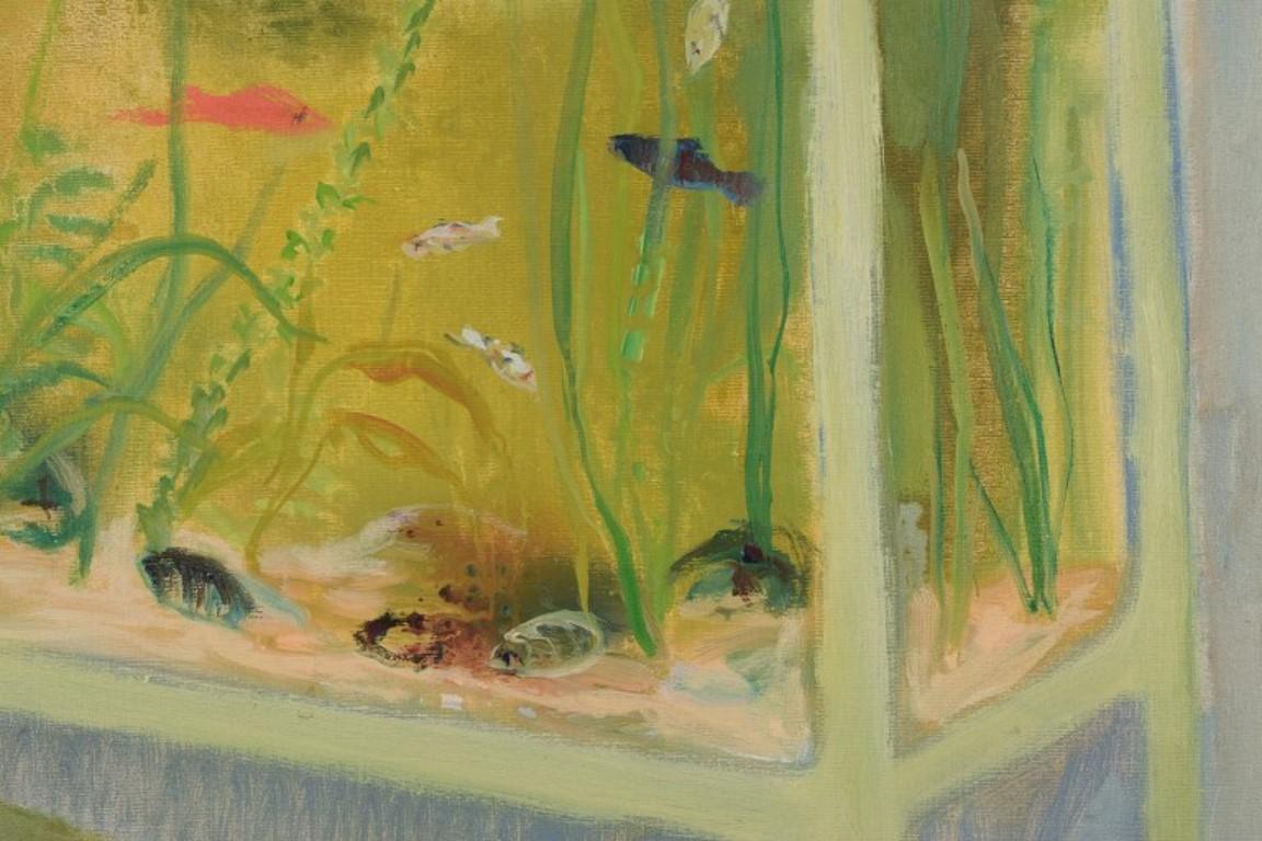 Mid-20th Century Einar Lindberg, listed Swedish artist. Oil on canvas. Still life with aquarium.