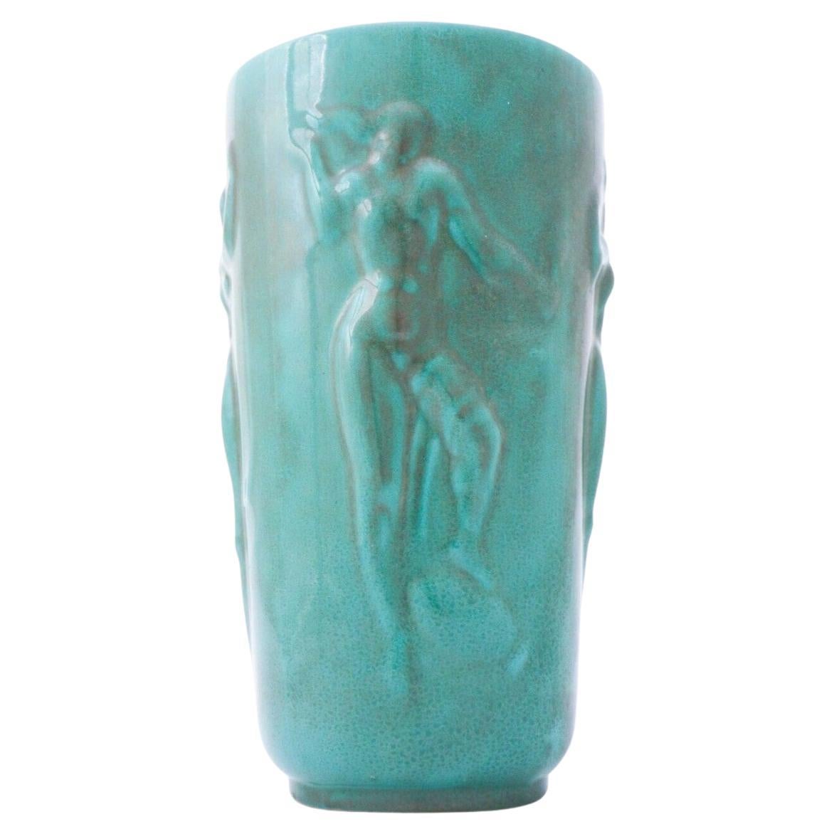 Einar Luterkort - Lovely Green Art Deco Vase Relief, Upsala Ekeby, Sweden, 1930s