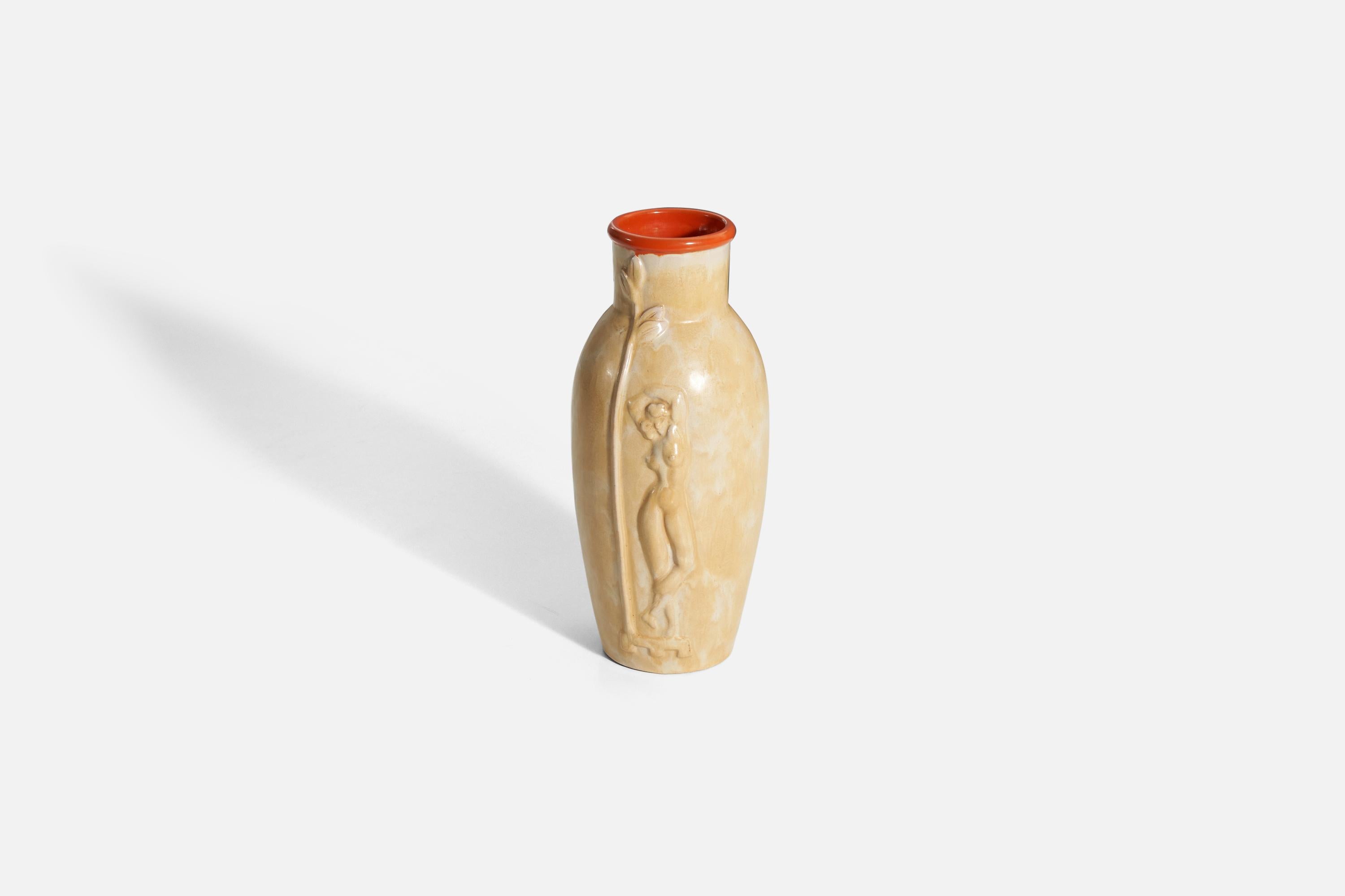 A yellow / beige-glazed earthenware vase with an orange rim features a relief motif depicting a female nude, designed by Einar Luterkort for Upsala Ekeby, Sweden, 1930s.