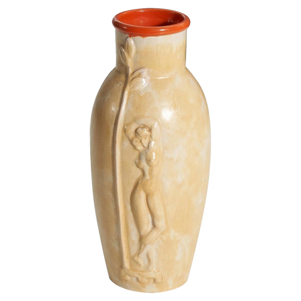 Einar Luterkort, Vaso, terracotta smaltata beige e arancione, Svezia, anni '30 in vendita