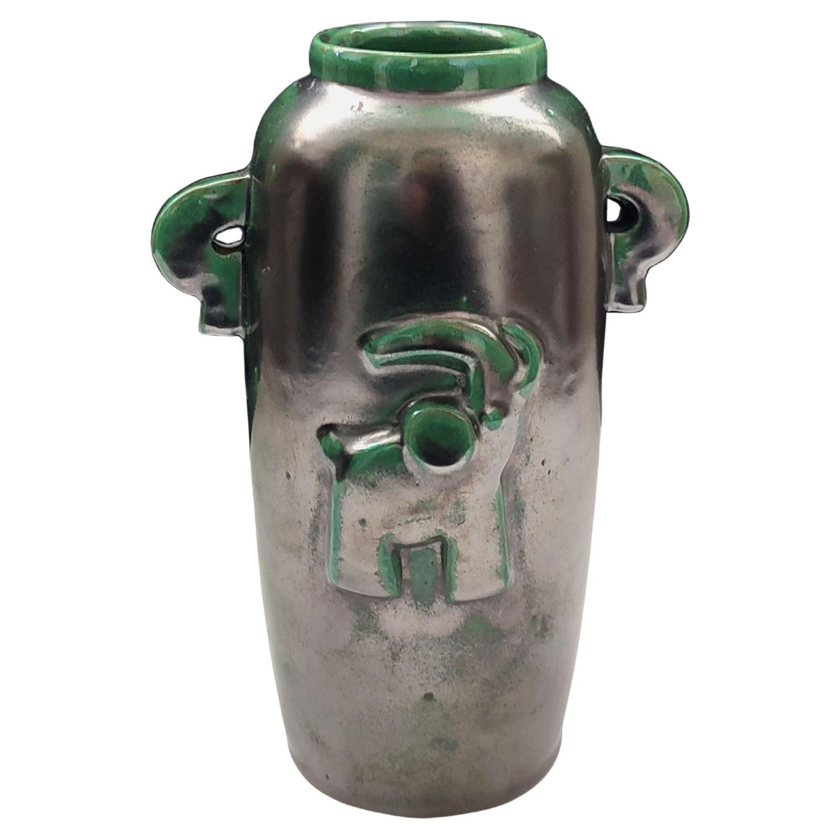 Einar Luterkort, Vase, Black and Green Glazed Earthenware Vase, Sweden, 1930s For Sale