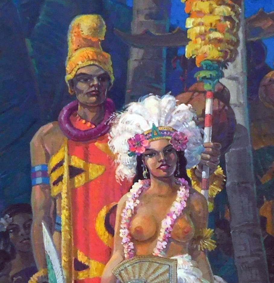 Beautiful, large oil on canvas by Danish-American artist Einar Petersen (1895-1986)
The Hawaiian subject work titled “Homage to the Queen” is in excellent condition.
It measures 53 1/2 x 39 inches and is signed, titled and dated on the verso: