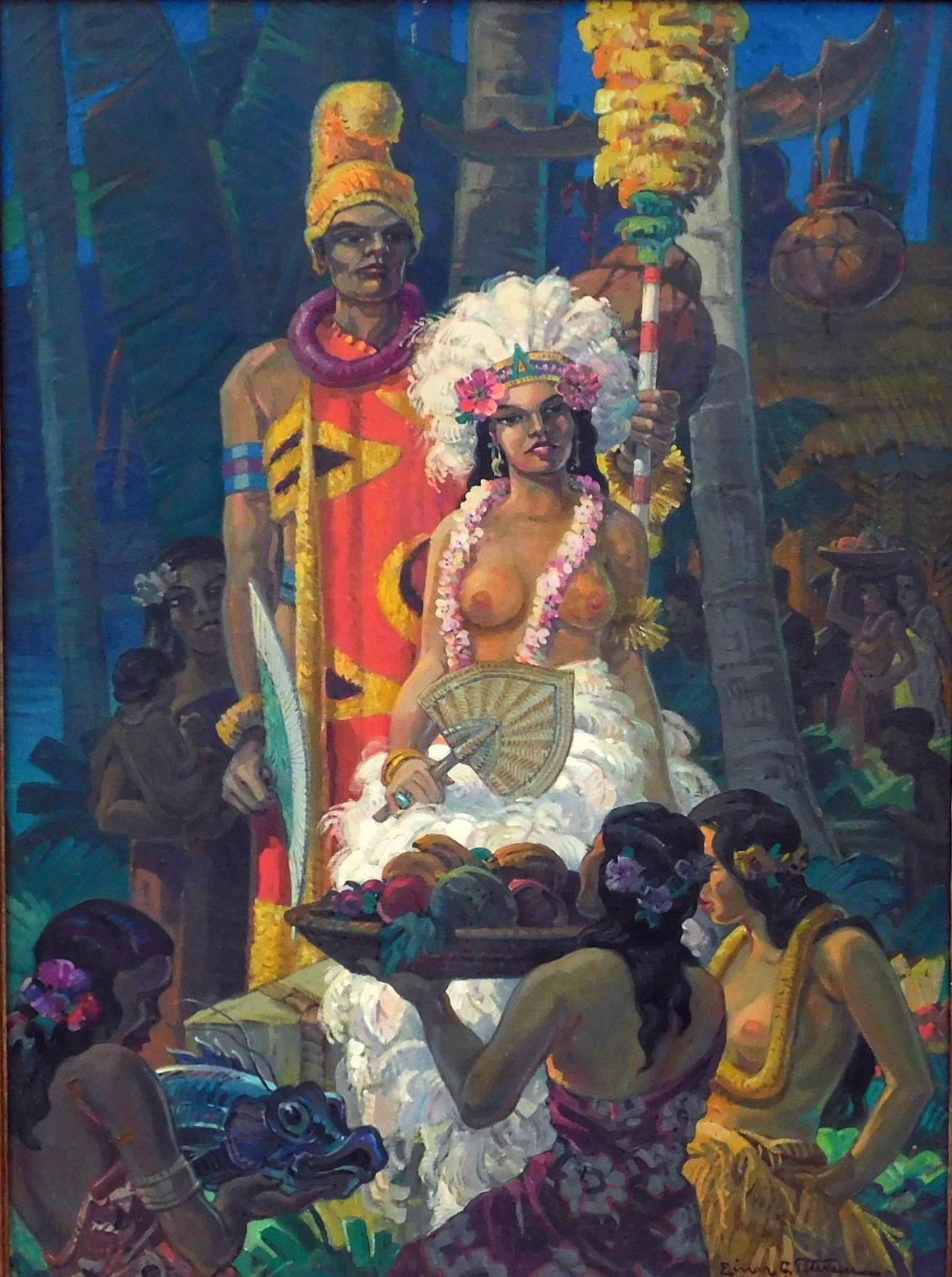 Paint Einar Petersen Hawaiian Subject Oil on Canvas, 1939 - Homage to the Queen