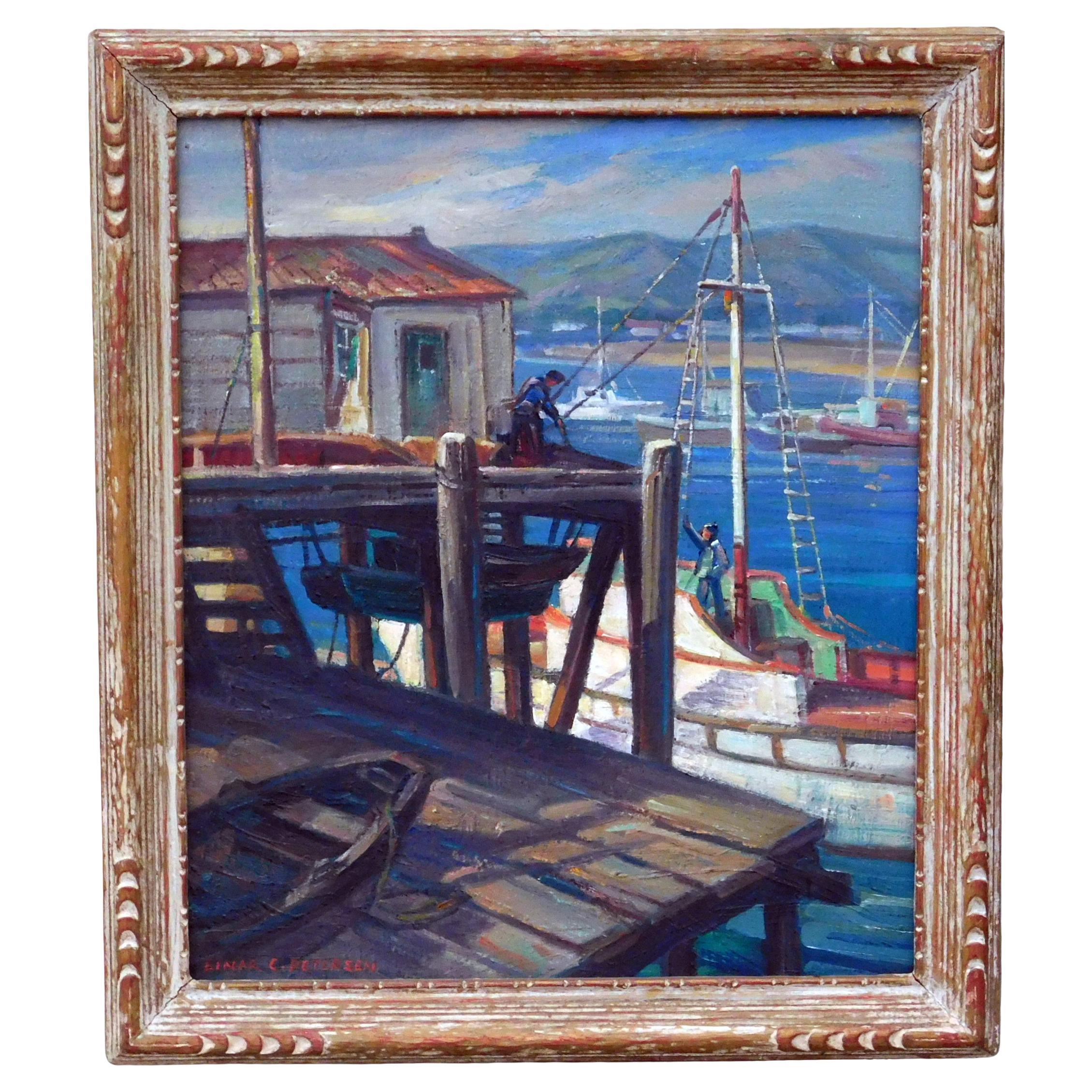 Einar Petersen Monterrey Harbor Oil on Canvas, Circa 1930's