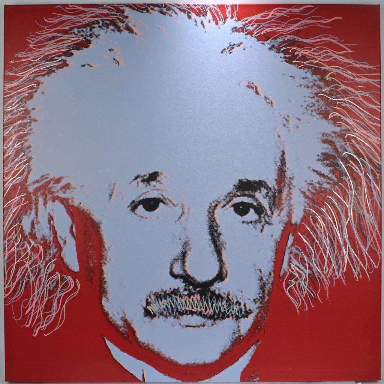 Title: Einstein State I (with embellishments). 

By: Steve Kaufman. 

Date: 1990s. 

A limited edition screen-print on canvas with hand embellishments (in oil). Depicting Albert Einstein. Retains a Martin Lawrence COA.

Signed to reverse SAK