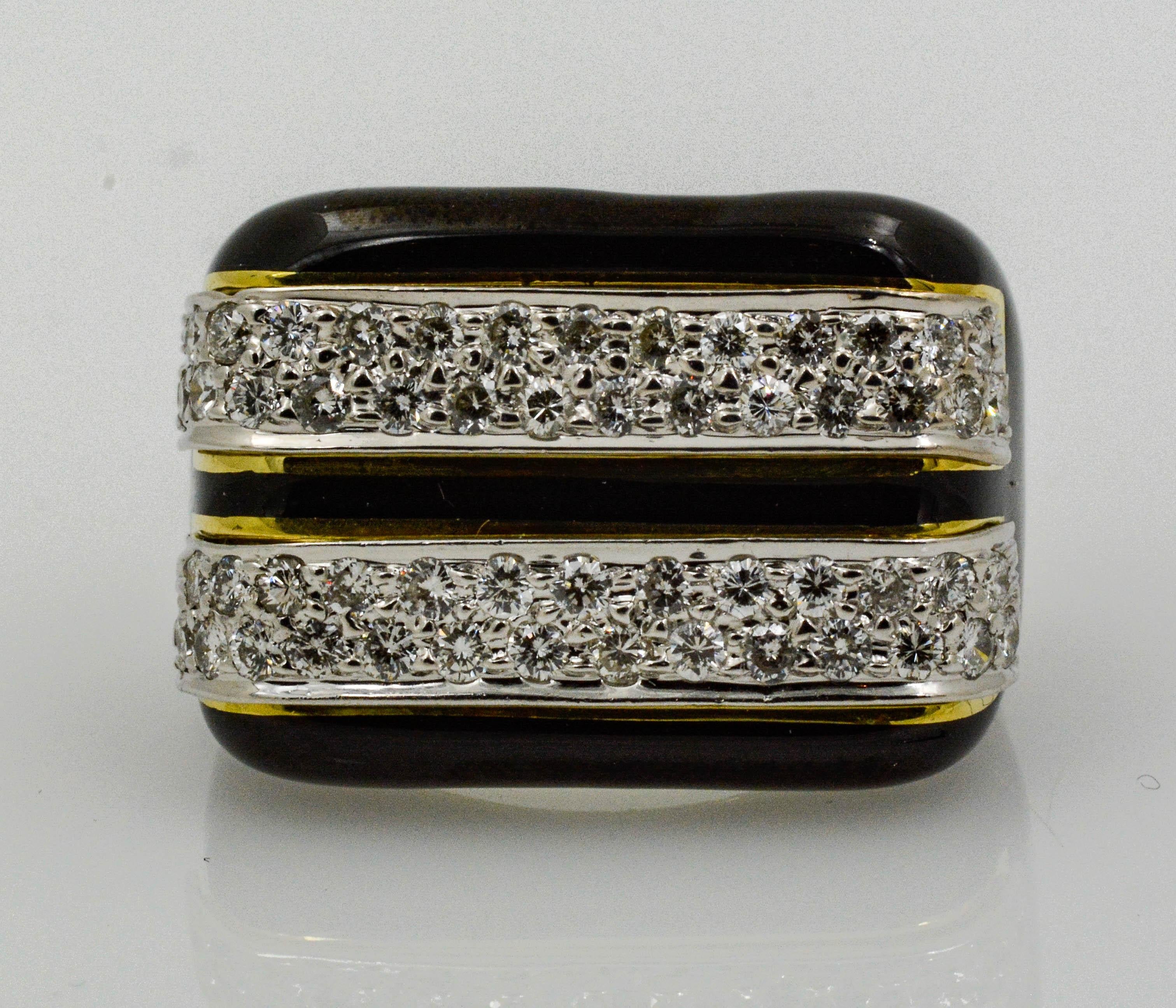 Modern 18 Karat Gold Diamond and Black Enamel Ring