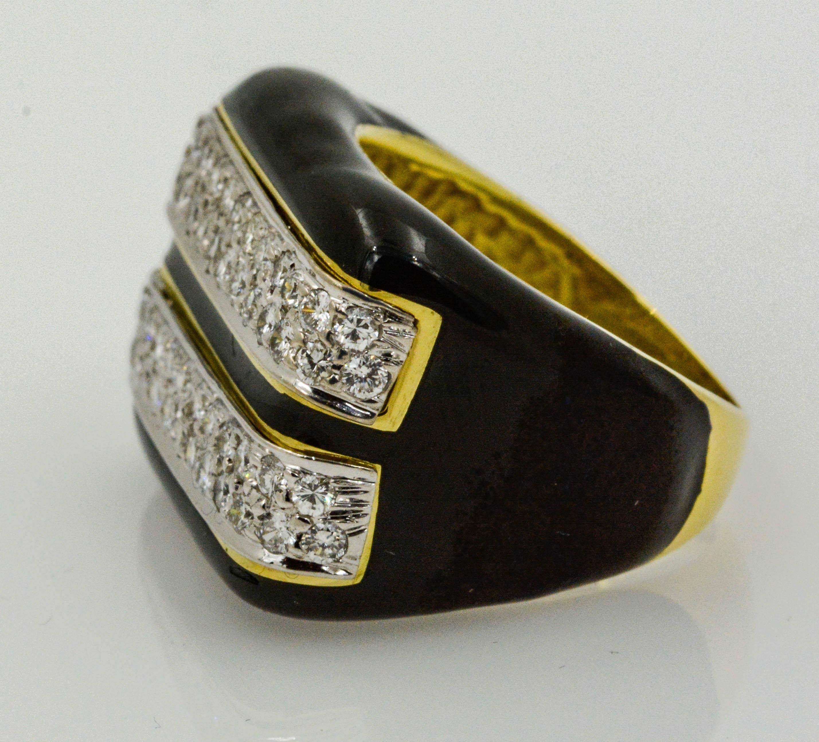 Round Cut 18 Karat Gold Diamond and Black Enamel Ring