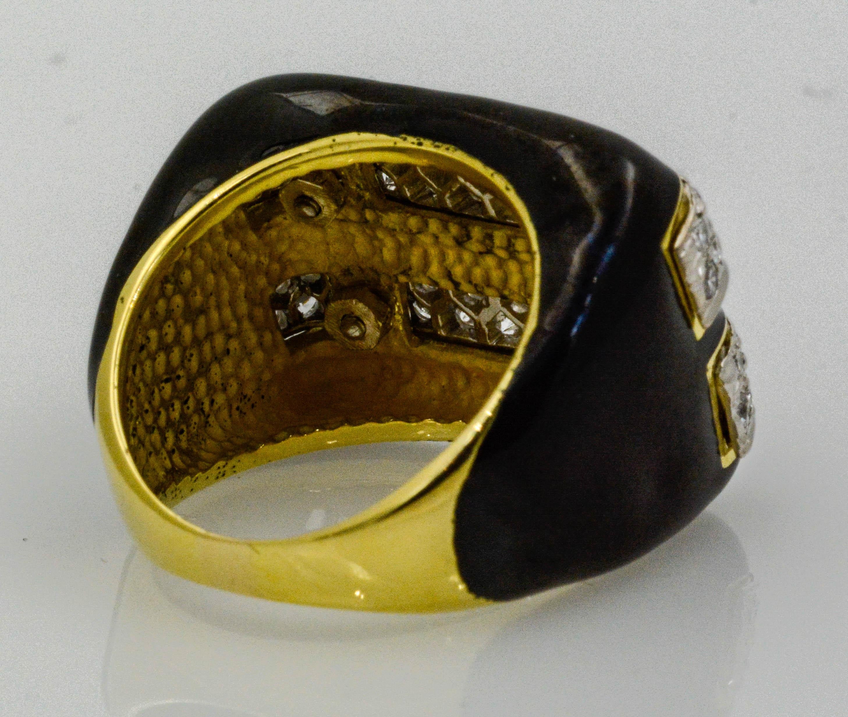 Women's or Men's 18 Karat Gold Diamond and Black Enamel Ring