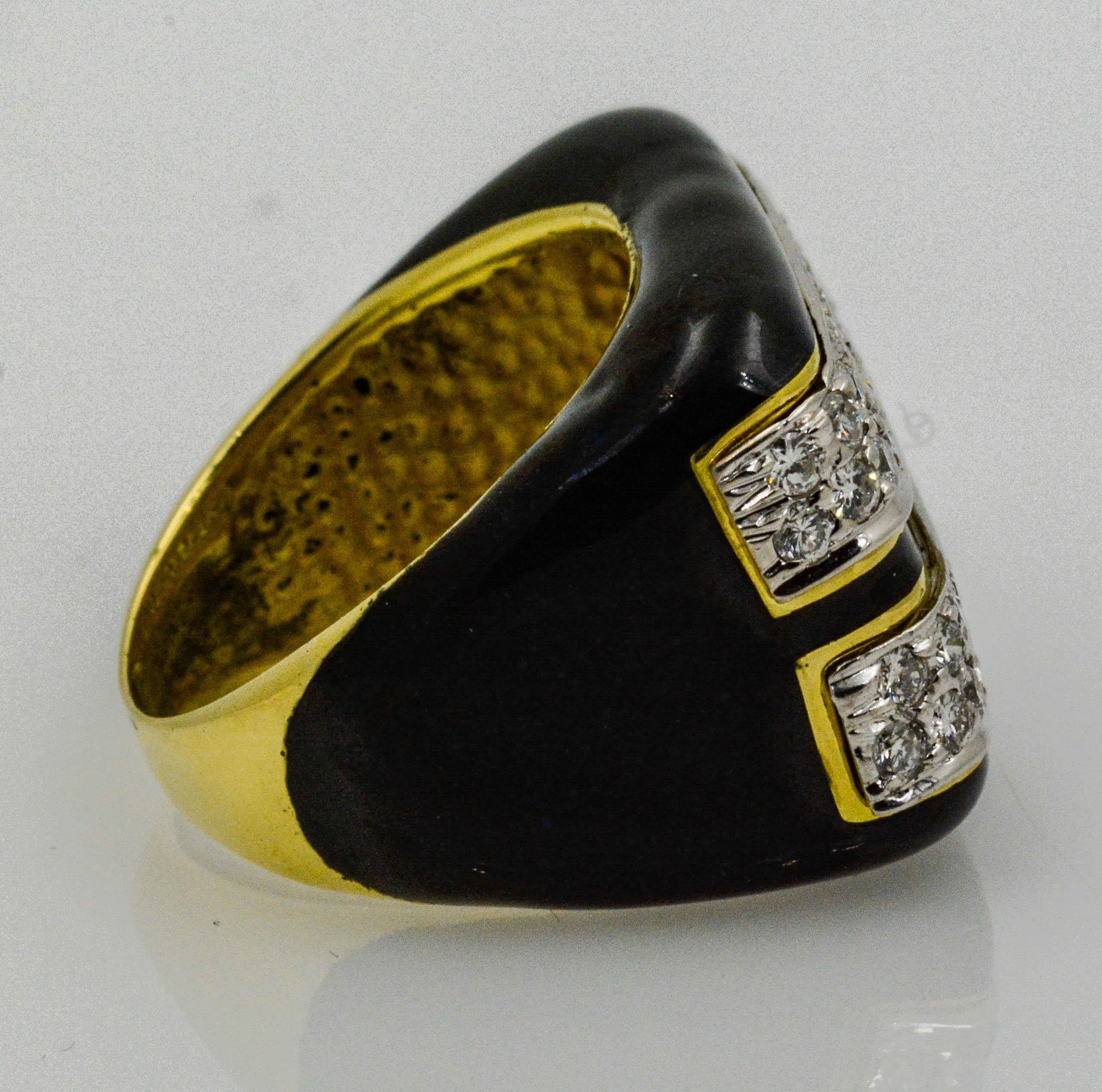 18 Karat Gold Diamond and Black Enamel Ring 1