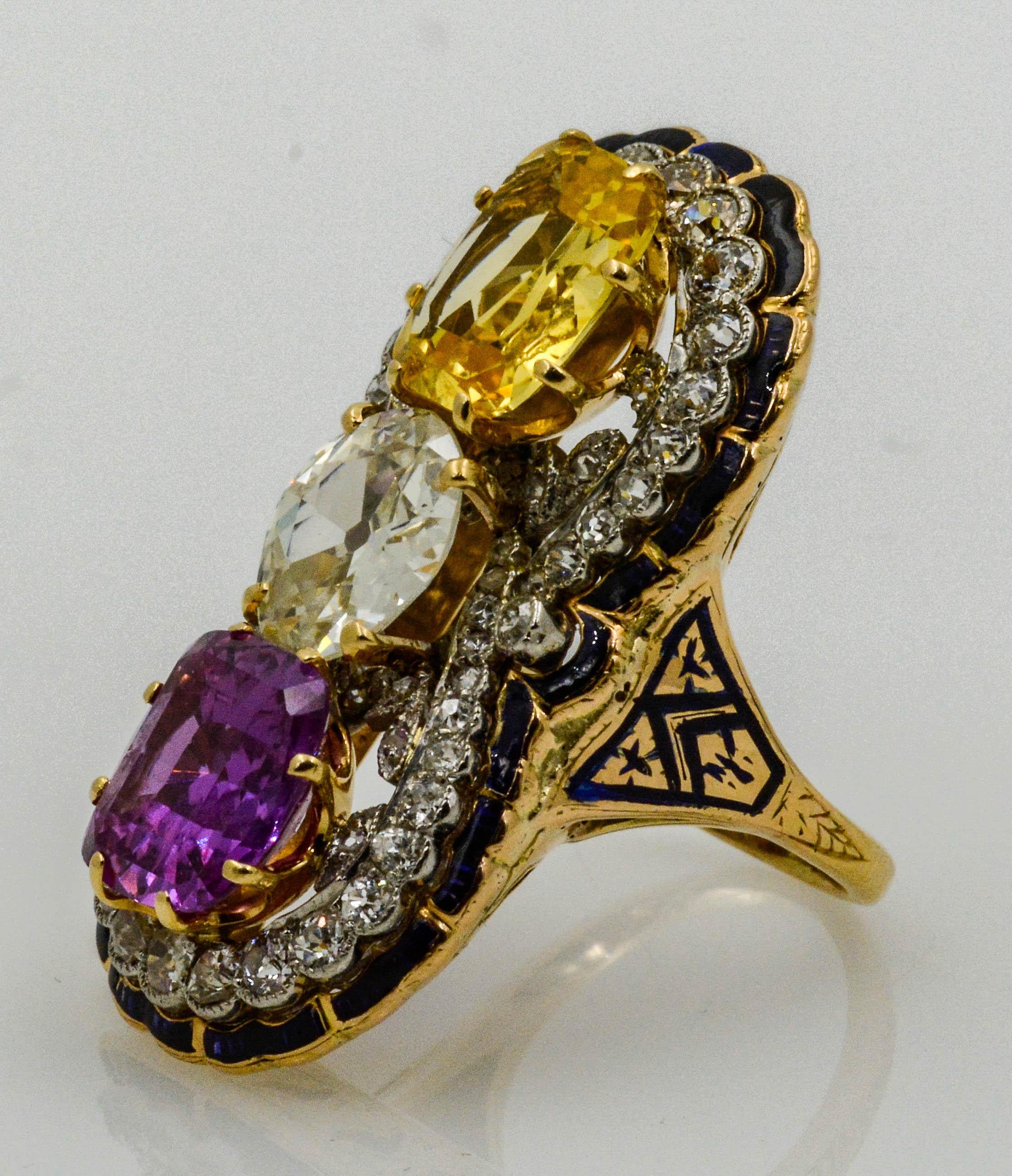 Women's or Men's Victorian Three-Stone Sapphire and Diamond Ring
