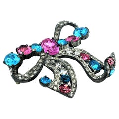 Vintage EISENBERG brooch, large bow made of rhodium with pink and aqua rhinestones, 1940