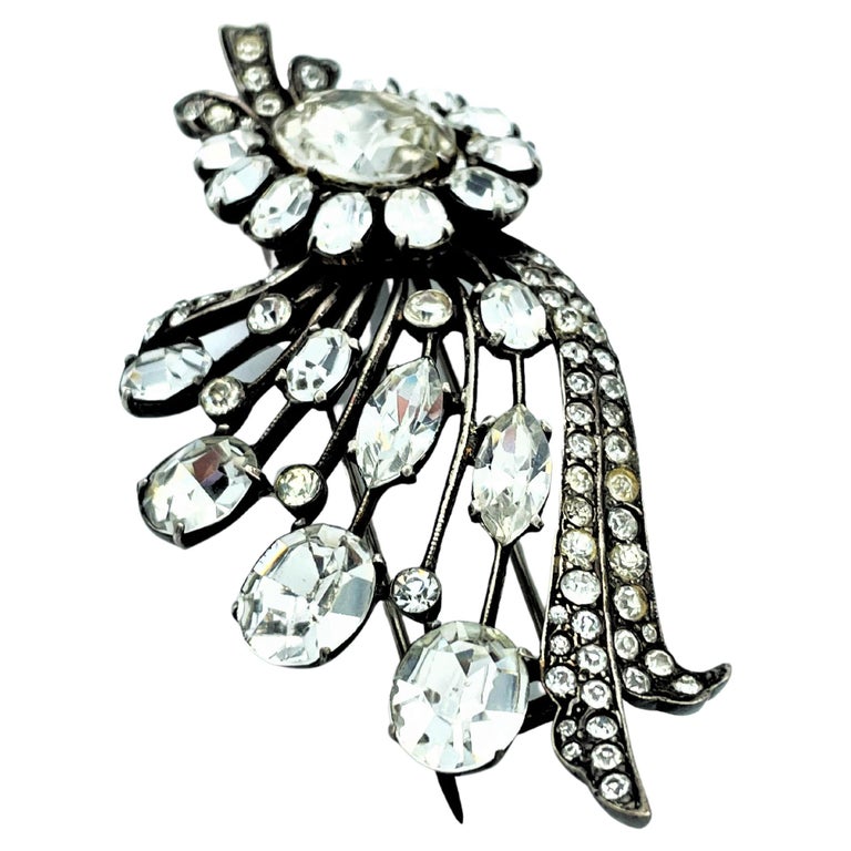 Broche Vintage Strass - Métal Argenté - Bijou Fantaisie Ancien