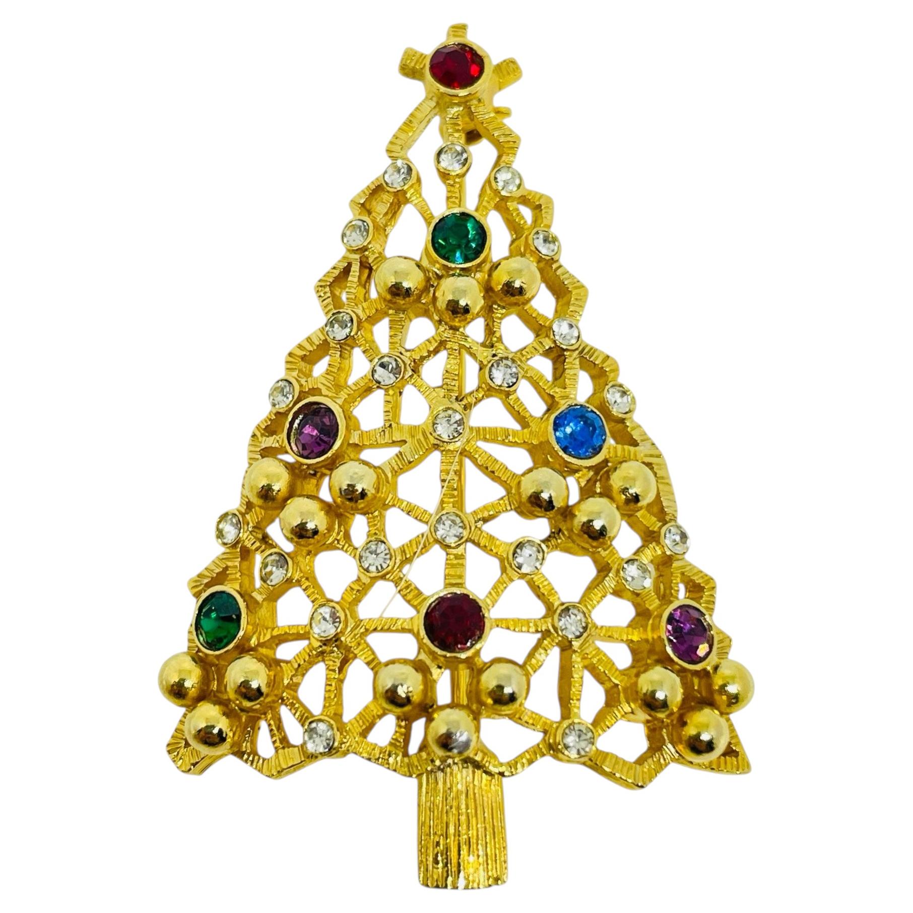 Eisenberg E Signed Vintage Gold Tone Rhinestones Christmas Tree Designer Brooch
