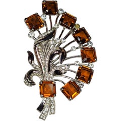 Eisenberg Ice Platinum Plated Citrine Glass and Clear Rhinestone Fan Motif Pin