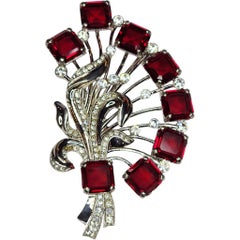 Eisenberg Ice Platinum Plated Citrine Glass and Clear Rhinestone Fan Motif Pin